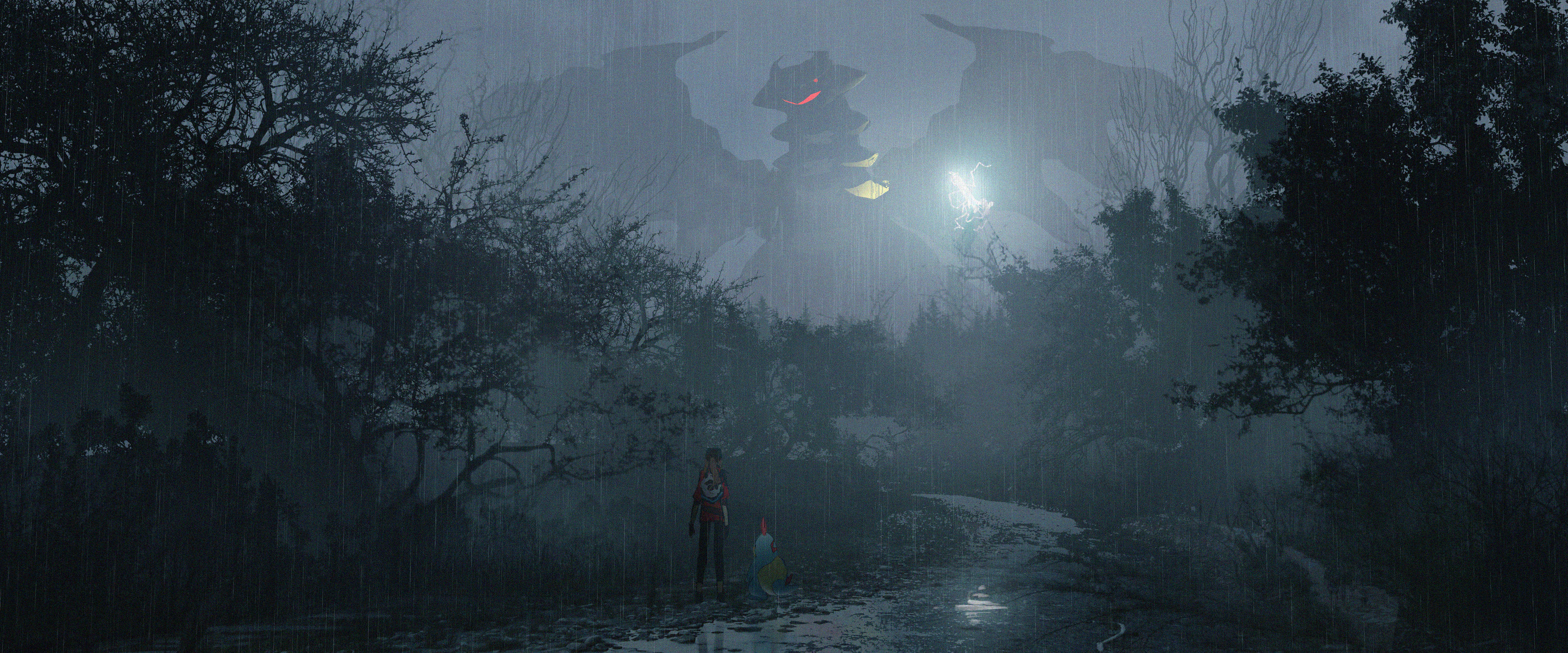 Giratina, rainy forest, glowing lantern, 4K Desktop Wallpaper
