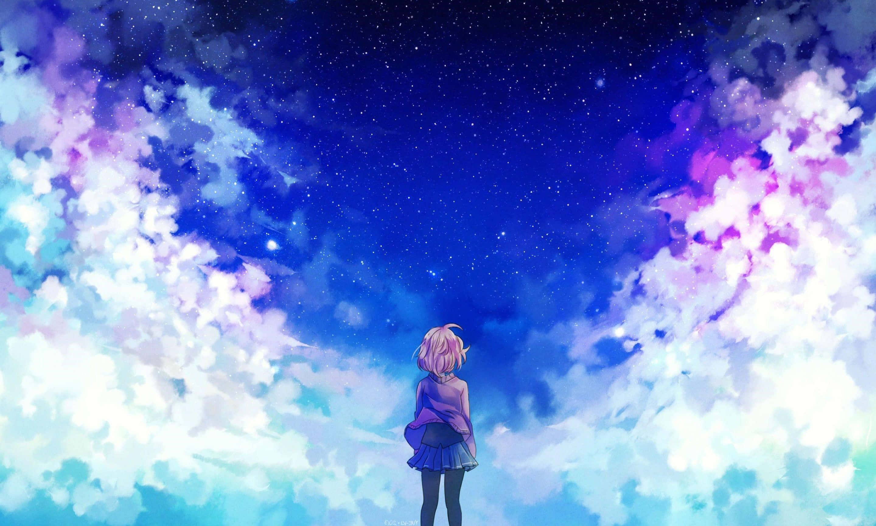 anime girl, pink hair, starry night sky, 2K Desktop Wallpaper