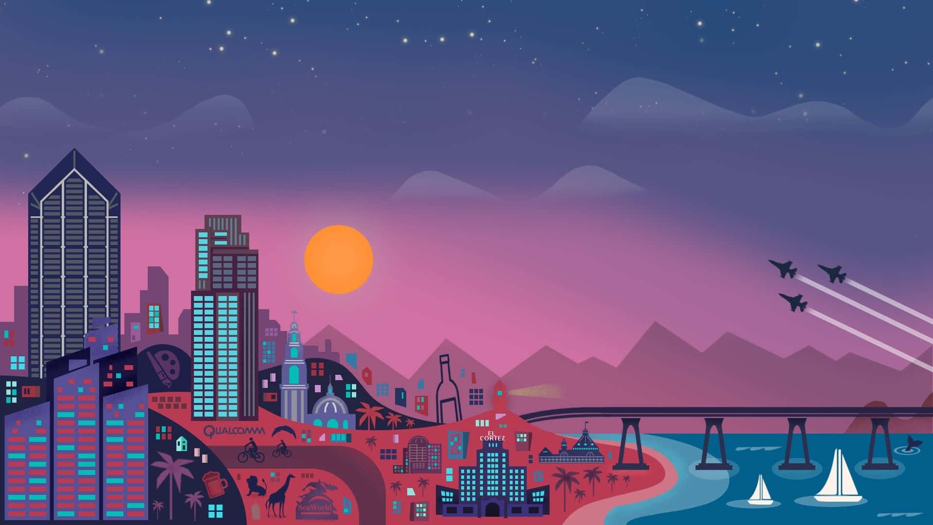 twilight, glowing skyscrapers, palm trees, Full HD Desktop Wallpaper