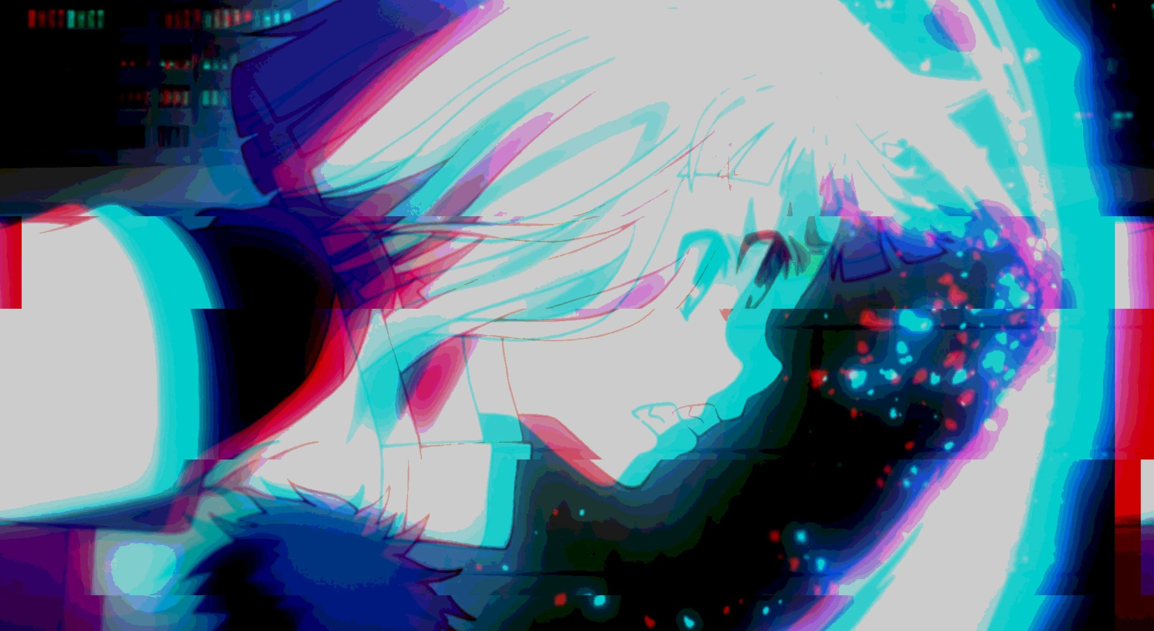 girl aesthetic desktop, glitch-art anime character, white hair, 4K Desktop Wallpaper