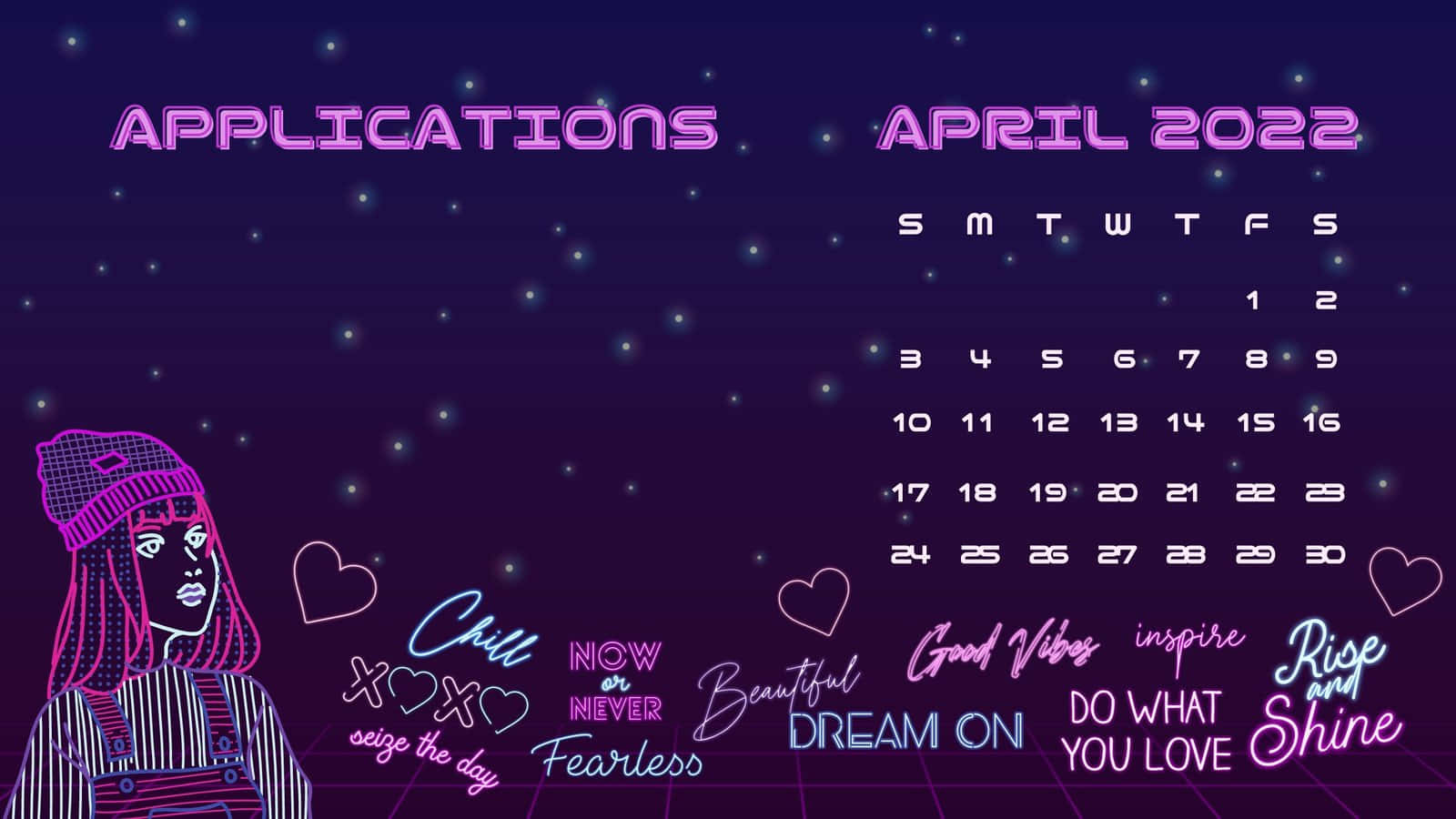 neon-pink illustrated girl, beanie, glowing April 2022 calendar, HD Desktop Wallpaper