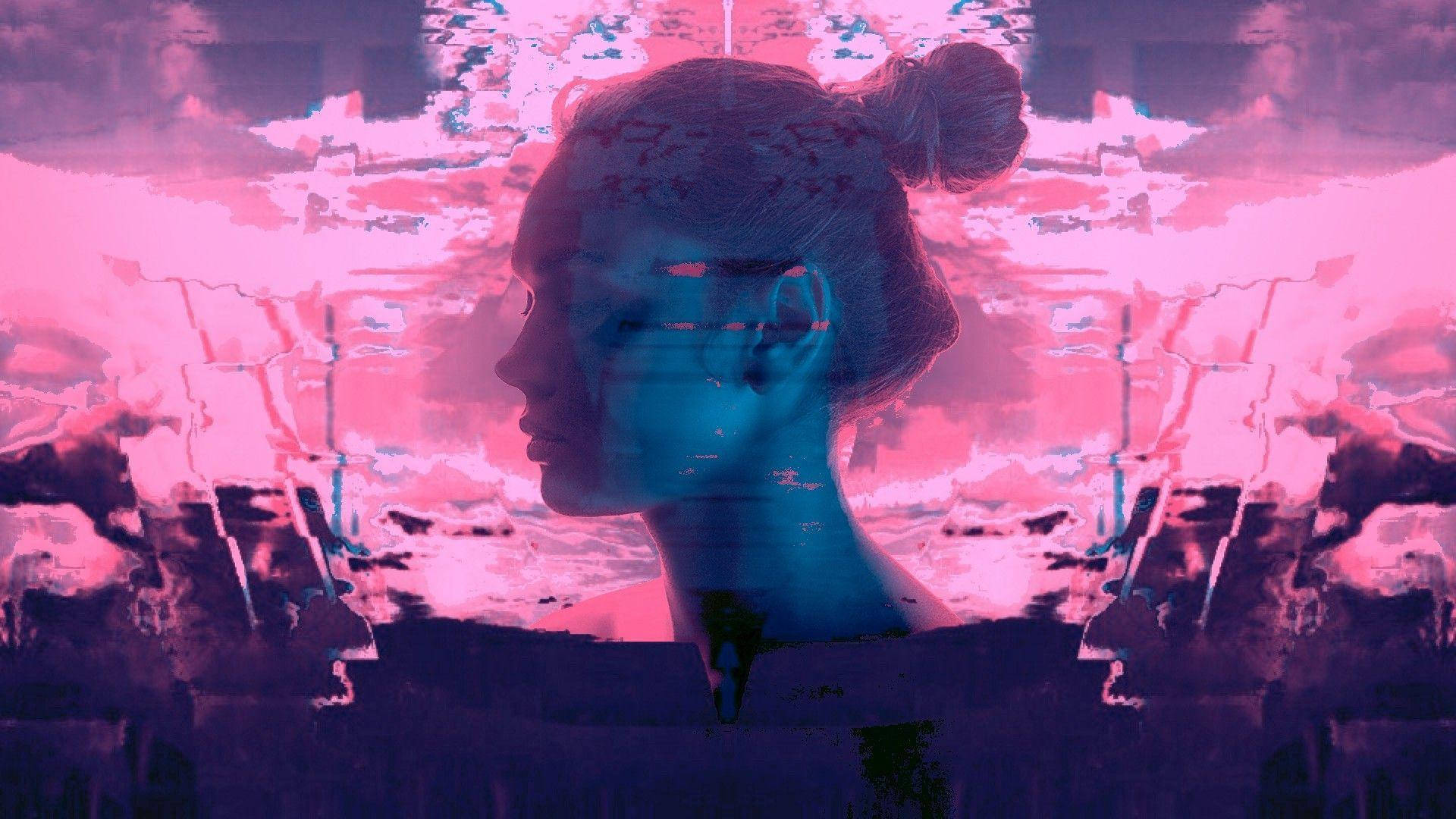 Retro Girl Aesthetic Art Desktop, glitch-art portrait, woman in profile, Full HD Desktop Wallpaper