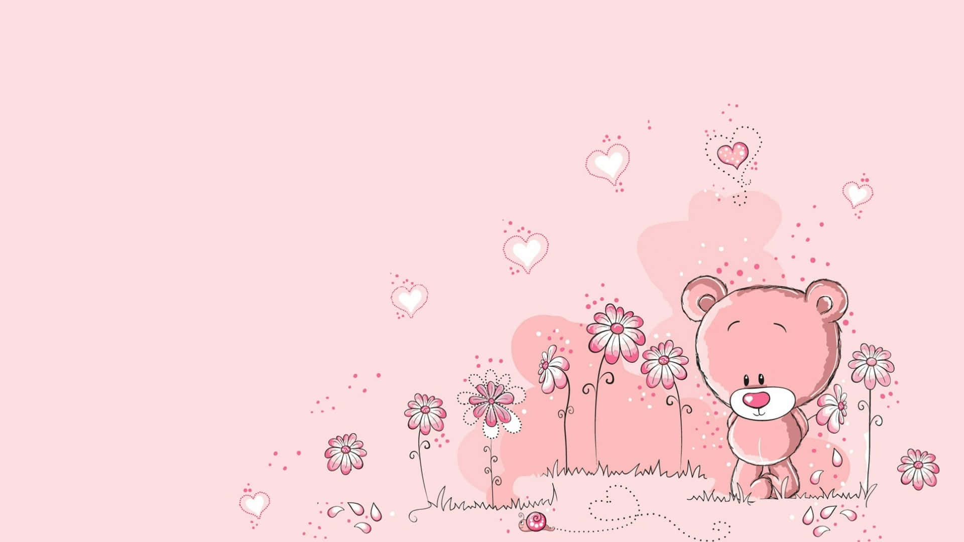 pink cartoon bear, whimsical flowers, floating hearts, Full HD Desktop Wallpaper