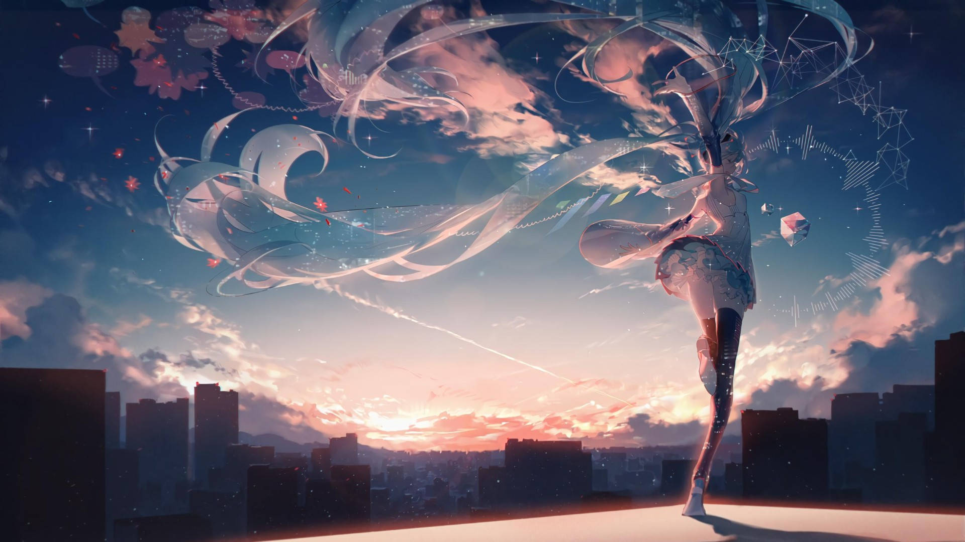 anime girl, flowing hair, cosmic ribbons, Full HD Desktop Wallpaper