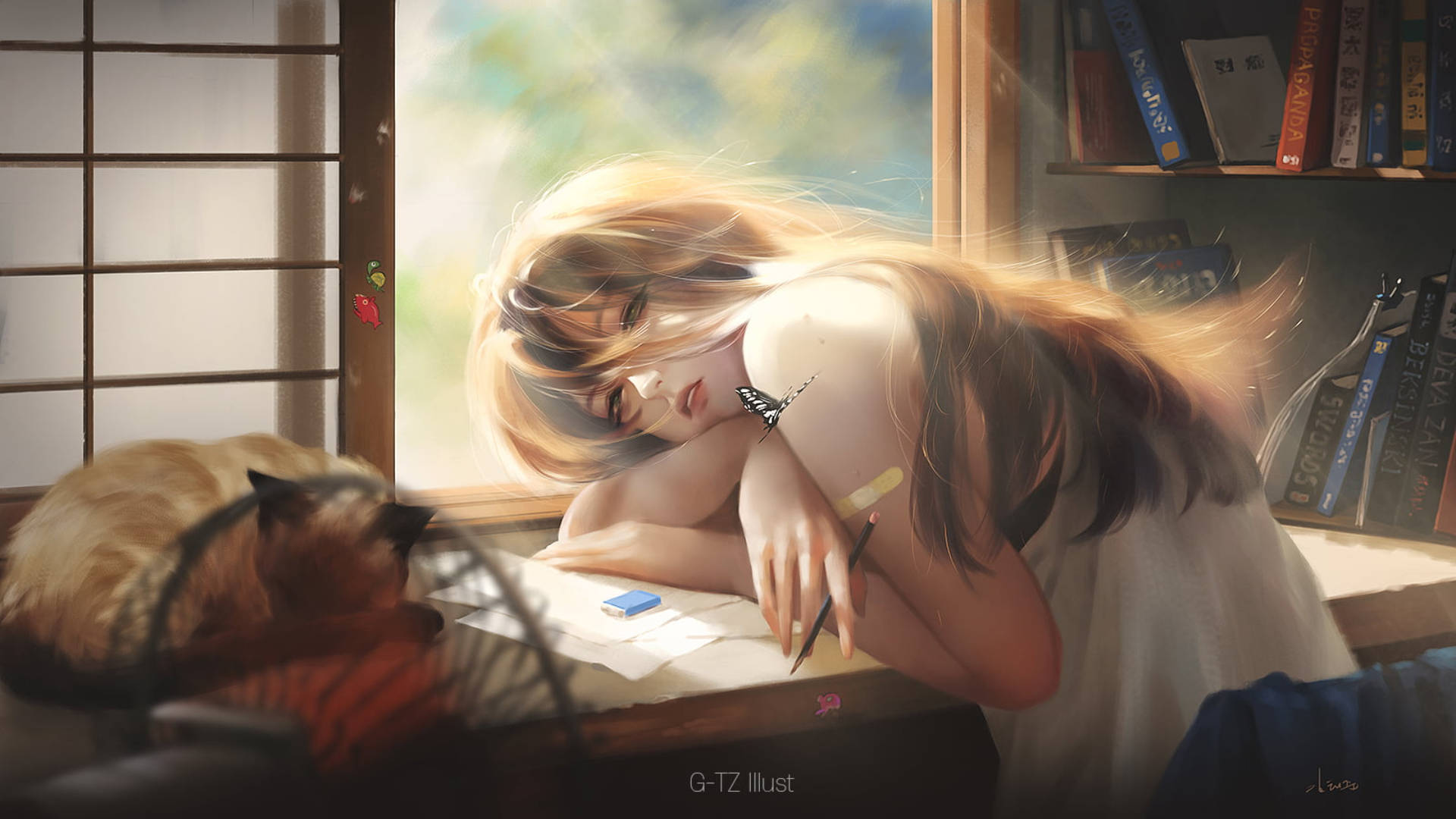 young woman, flowing blonde hair, sunlit desk, Full HD Desktop Wallpaper