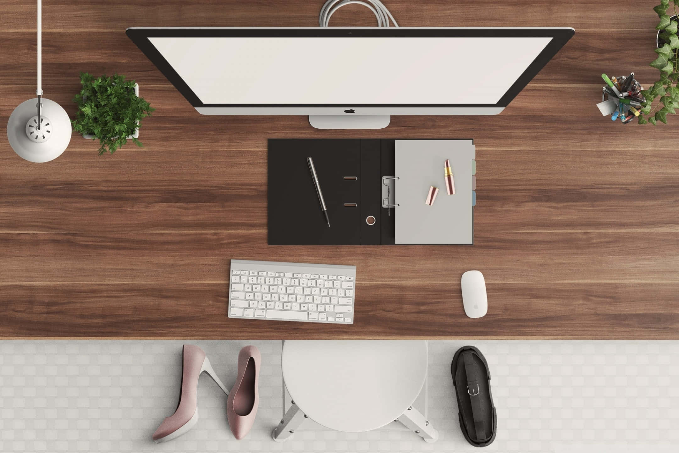 minimalist wooden desk, computer keyboard, mouse, Full HD Desktop Wallpaper