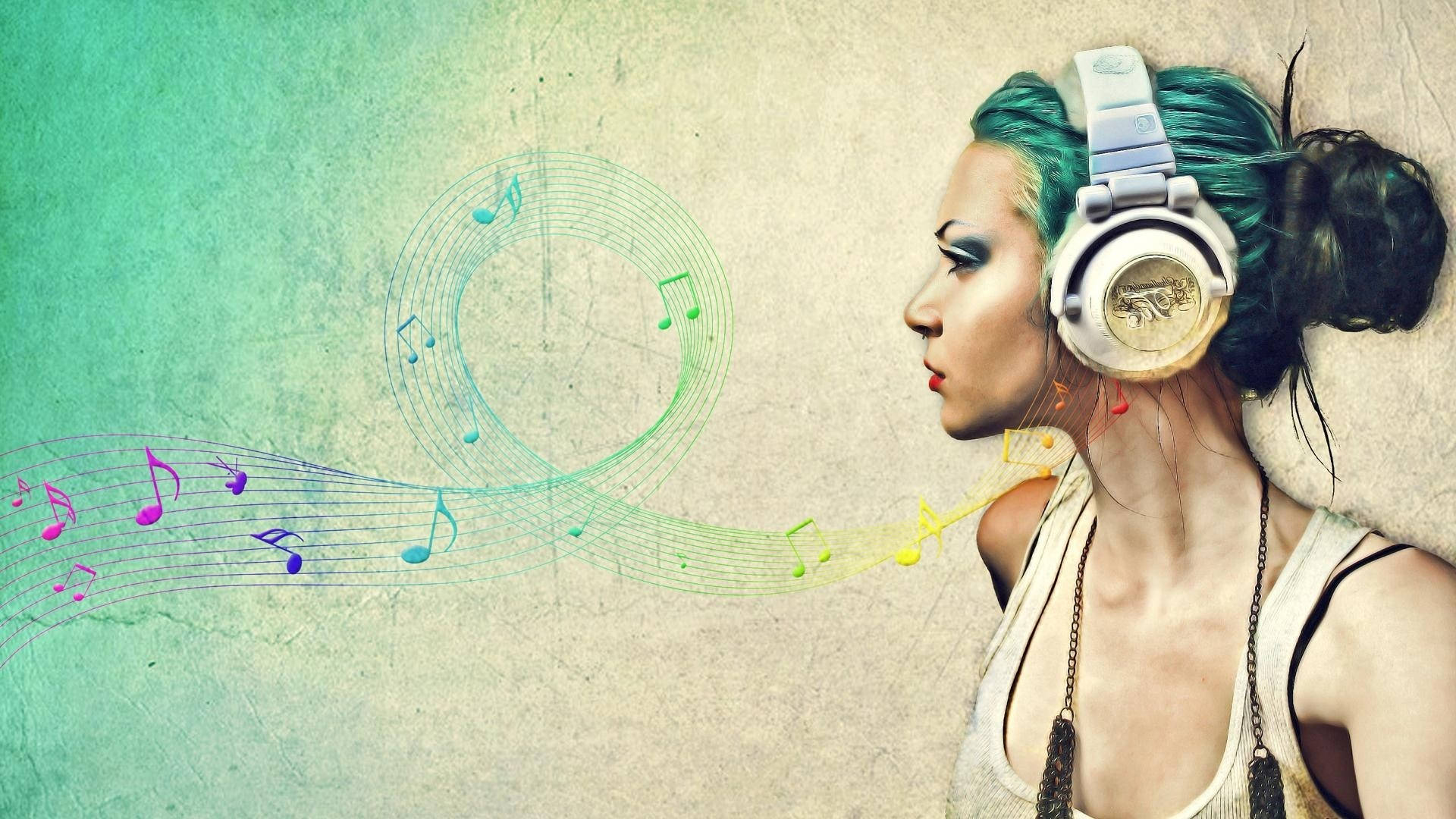 teal hair, headphones, colorful musical notes, Full HD Desktop Wallpaper