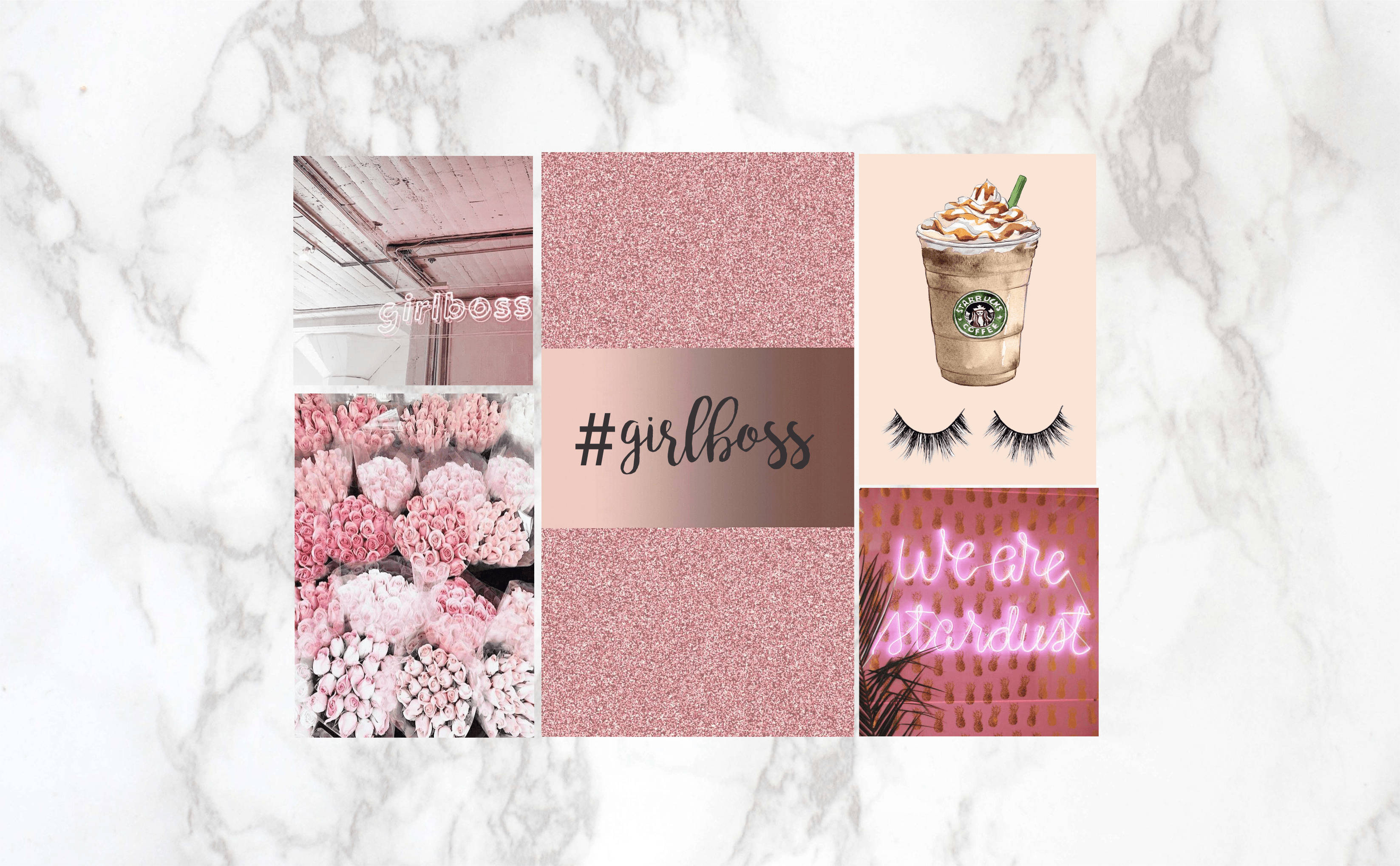 Girl Boss, pink glitter, floral collage, 2K Desktop Wallpaper