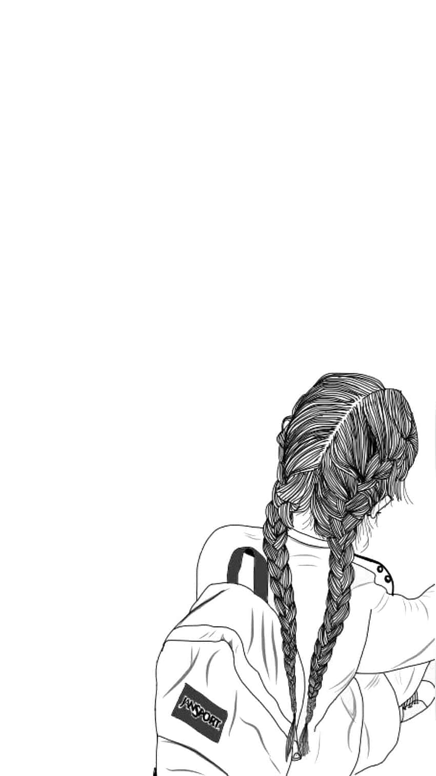 girl drawing tumblr, black and white line drawing, two thick braids, HD Phone Wallpaper