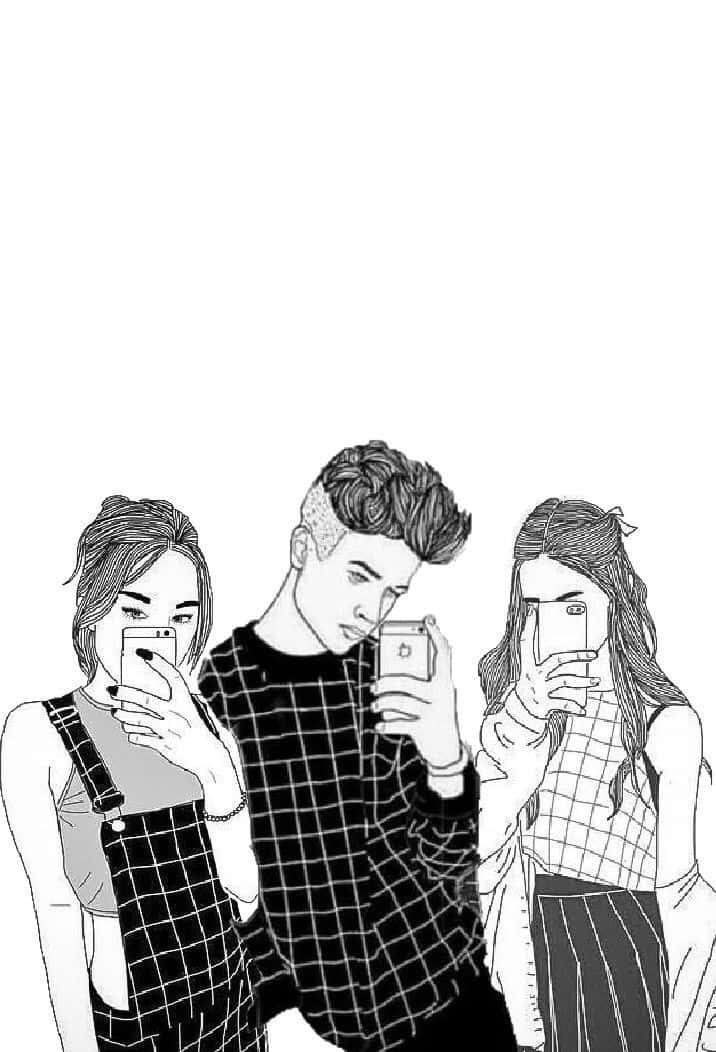 girl drawing tumblr, black and white line art, three young people, SD Phone Wallpaper