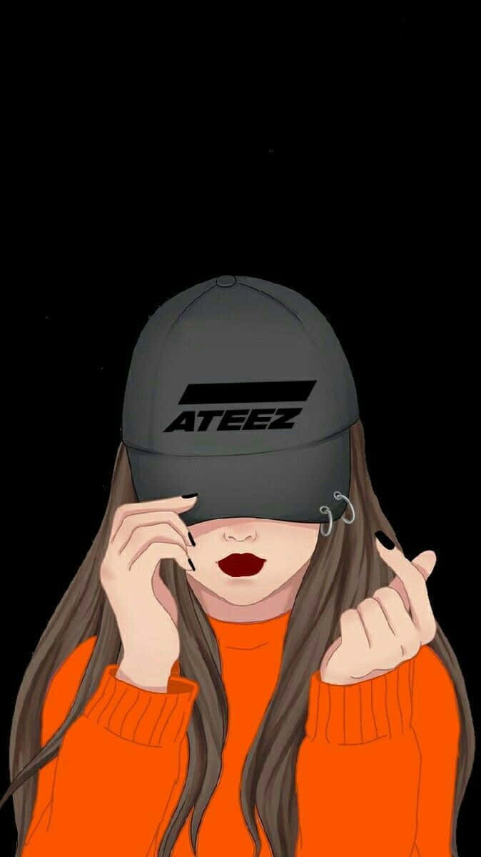 girl drawing tumblr, orange sweater, grey ATEEZ cap, SD Phone Wallpaper