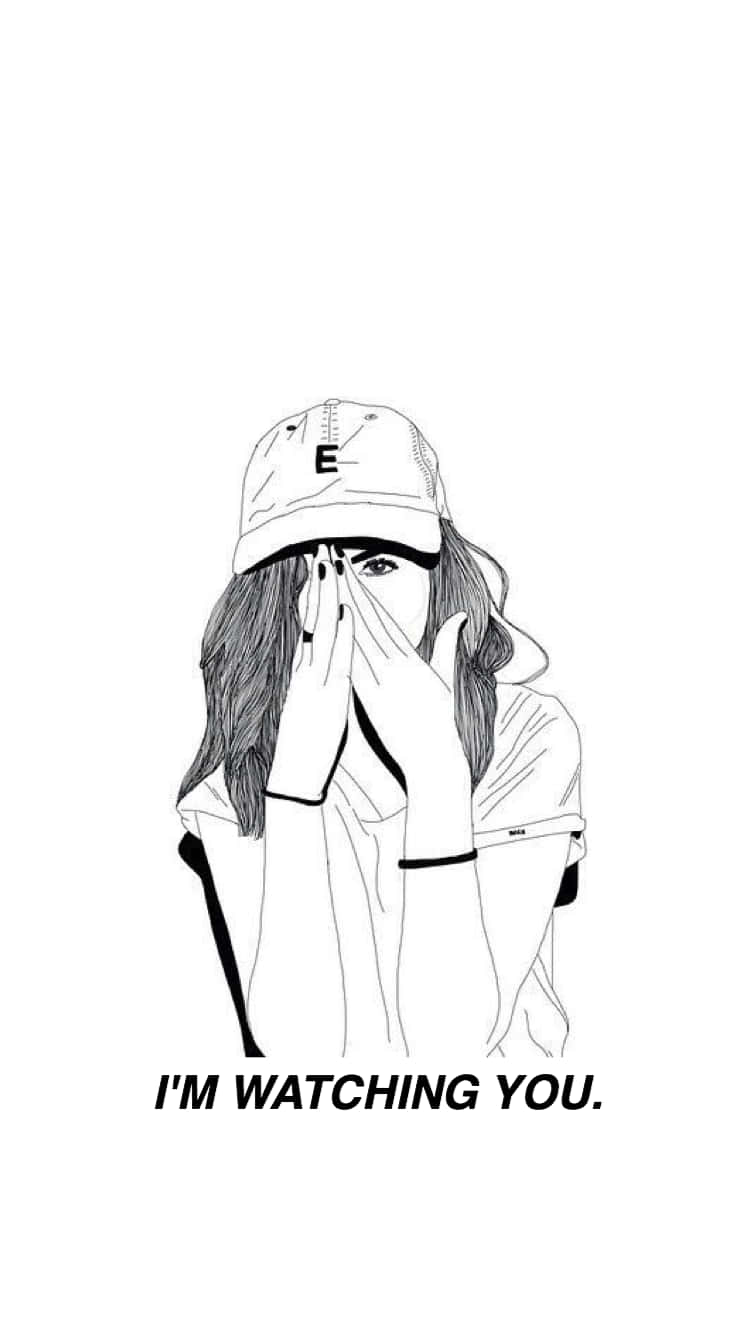girl drawing tumblr, black and white line art, cap covering her face, HD Phone Wallpaper