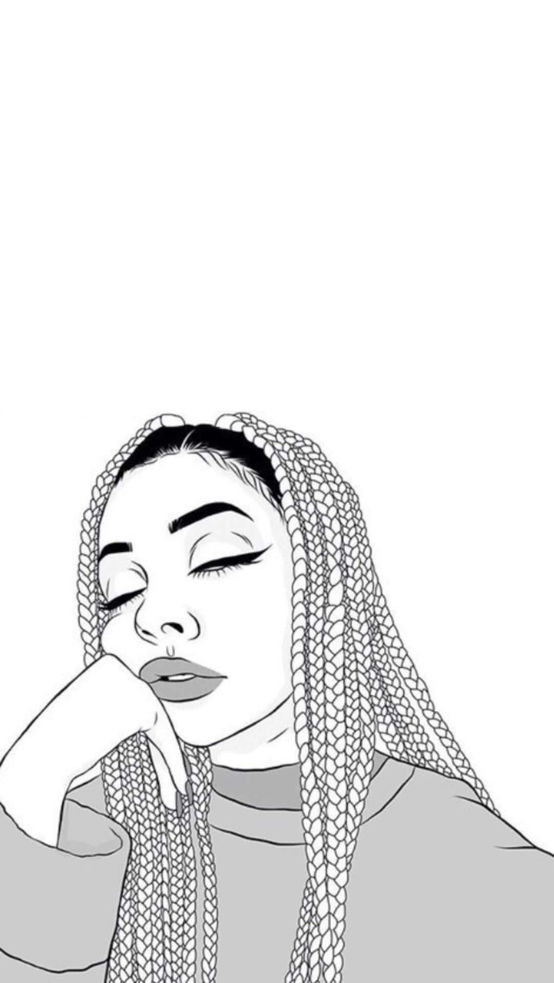black and white line art, woman with long braids, resting her chin on her hand, Full HD Phone Wallpaper