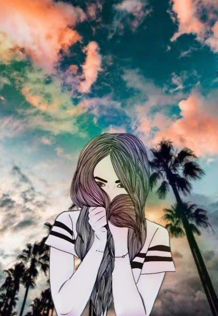 girl drawing tumblr, long braided hair, vibrant sunset sky, SD Phone Wallpaper