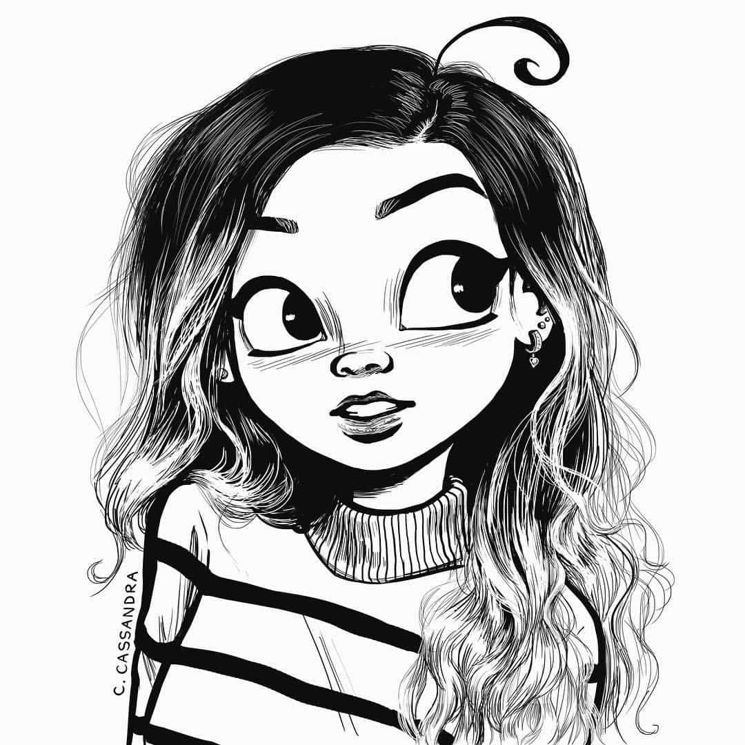 girl, black and white cartoon illustration, big eyes, SD Desktop Wallpaper