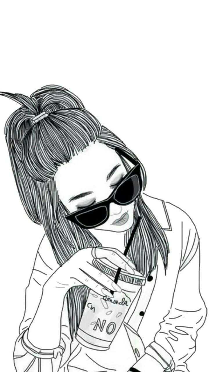 sunglasses, cup, minimalist black and white line drawing, HD Phone Wallpaper