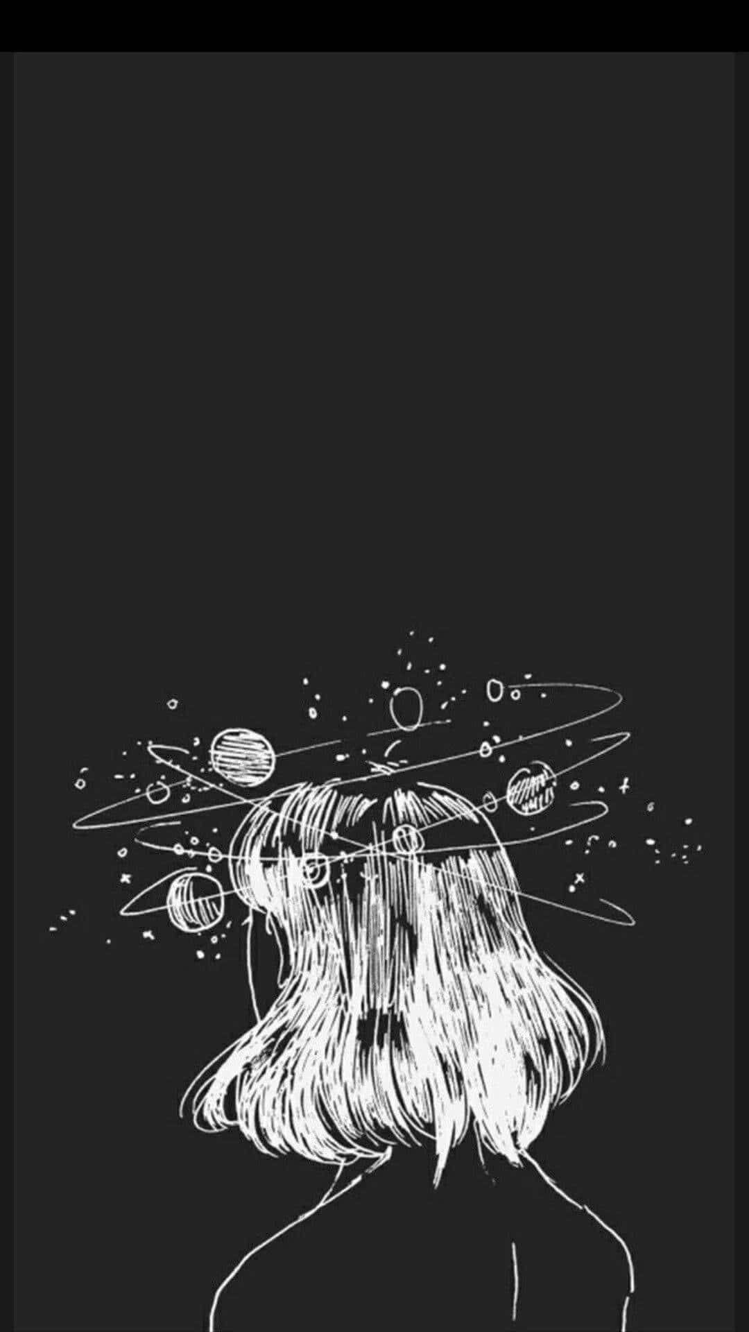 white line-art sketch, person's head, planets and stars, Full HD Phone Wallpaper