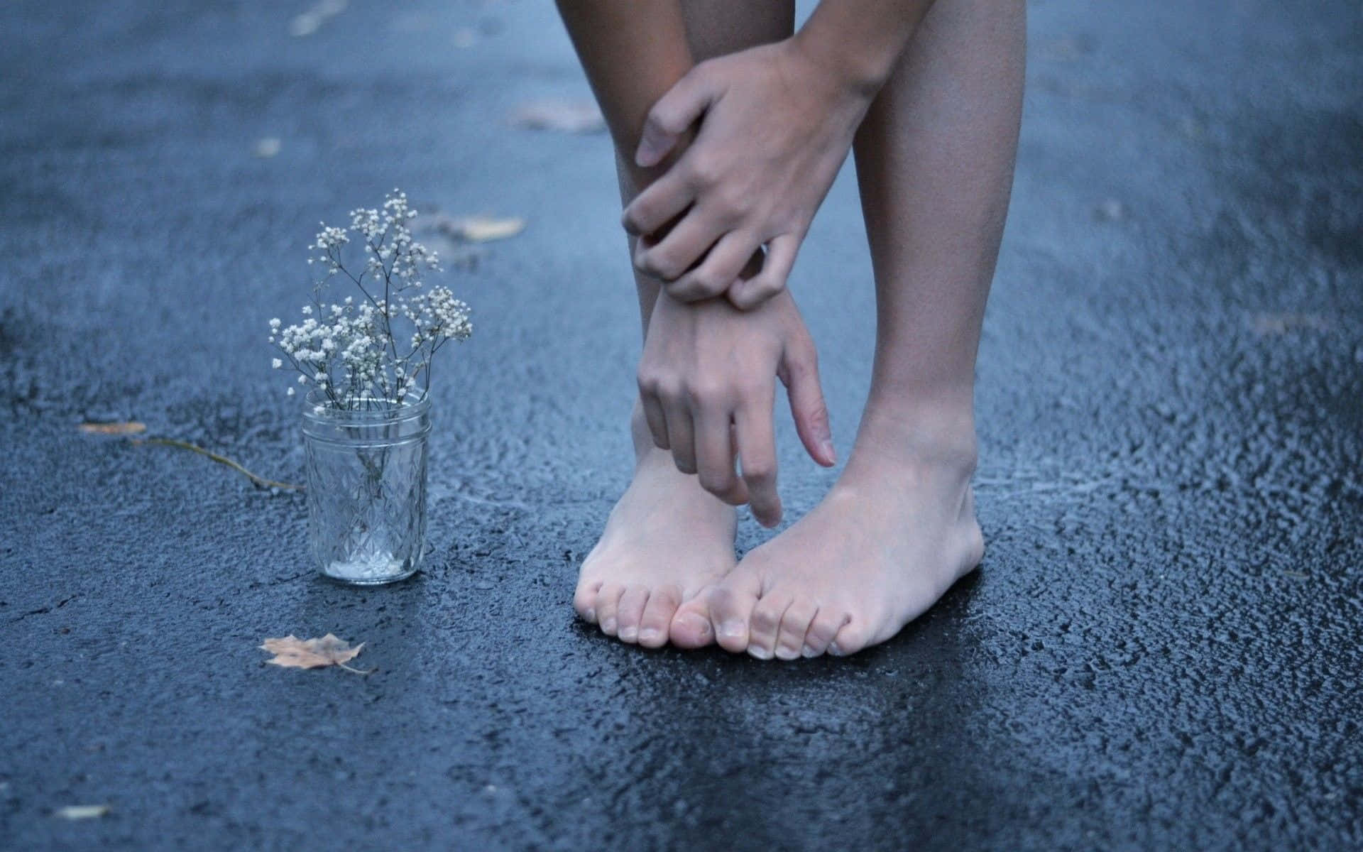 girl feet, wet pavement, baby's breath flowers, Full HD Desktop Wallpaper