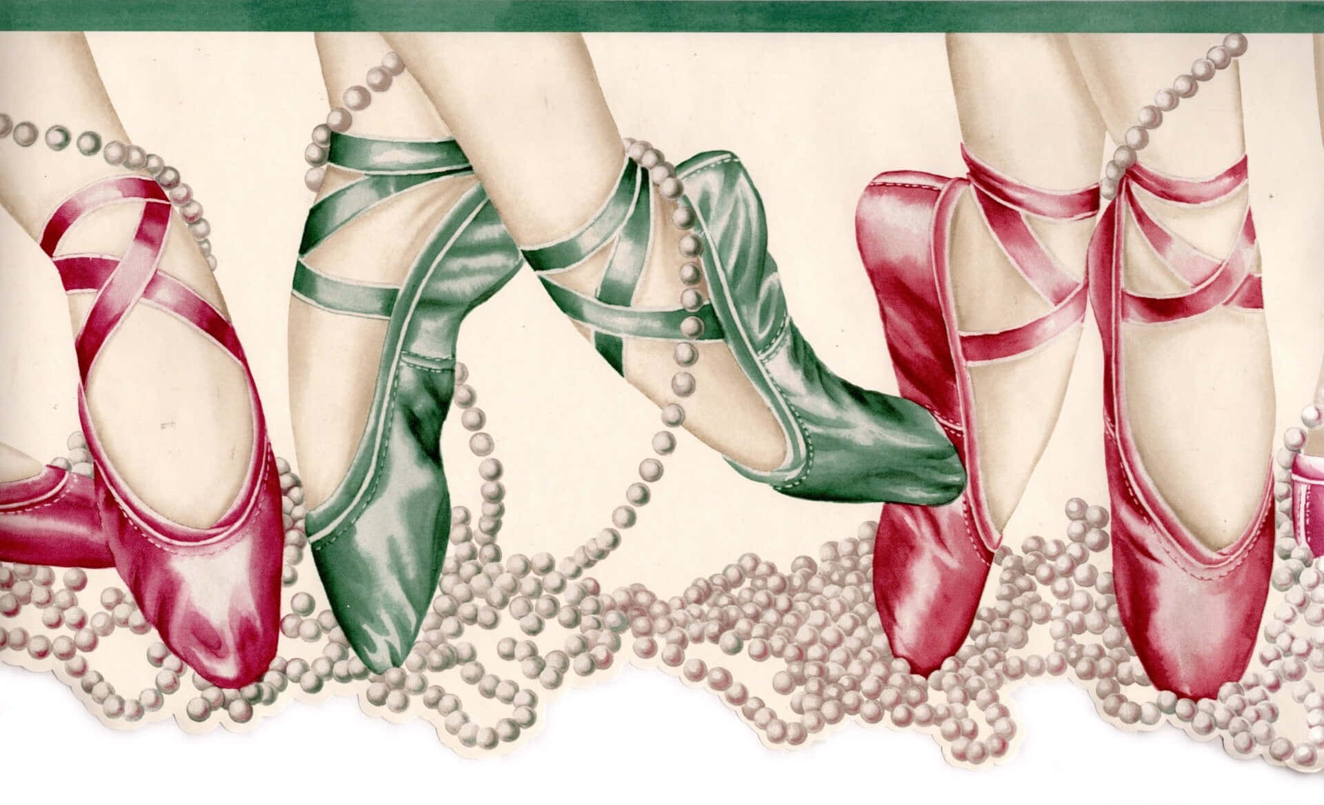 red and green satin slippers, pearl strands, cream background, Full HD Desktop Wallpaper
