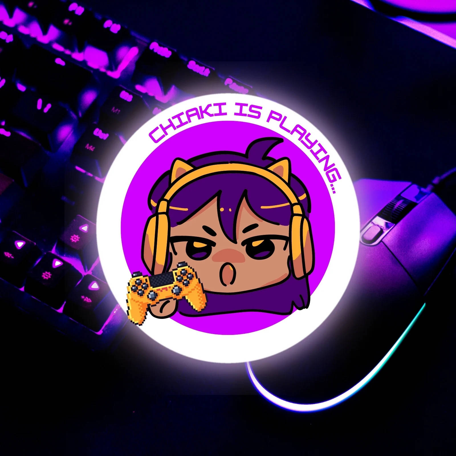 glowing circular gaming mousepad, pixel-art anime girl, purple hair, HD Desktop Wallpaper