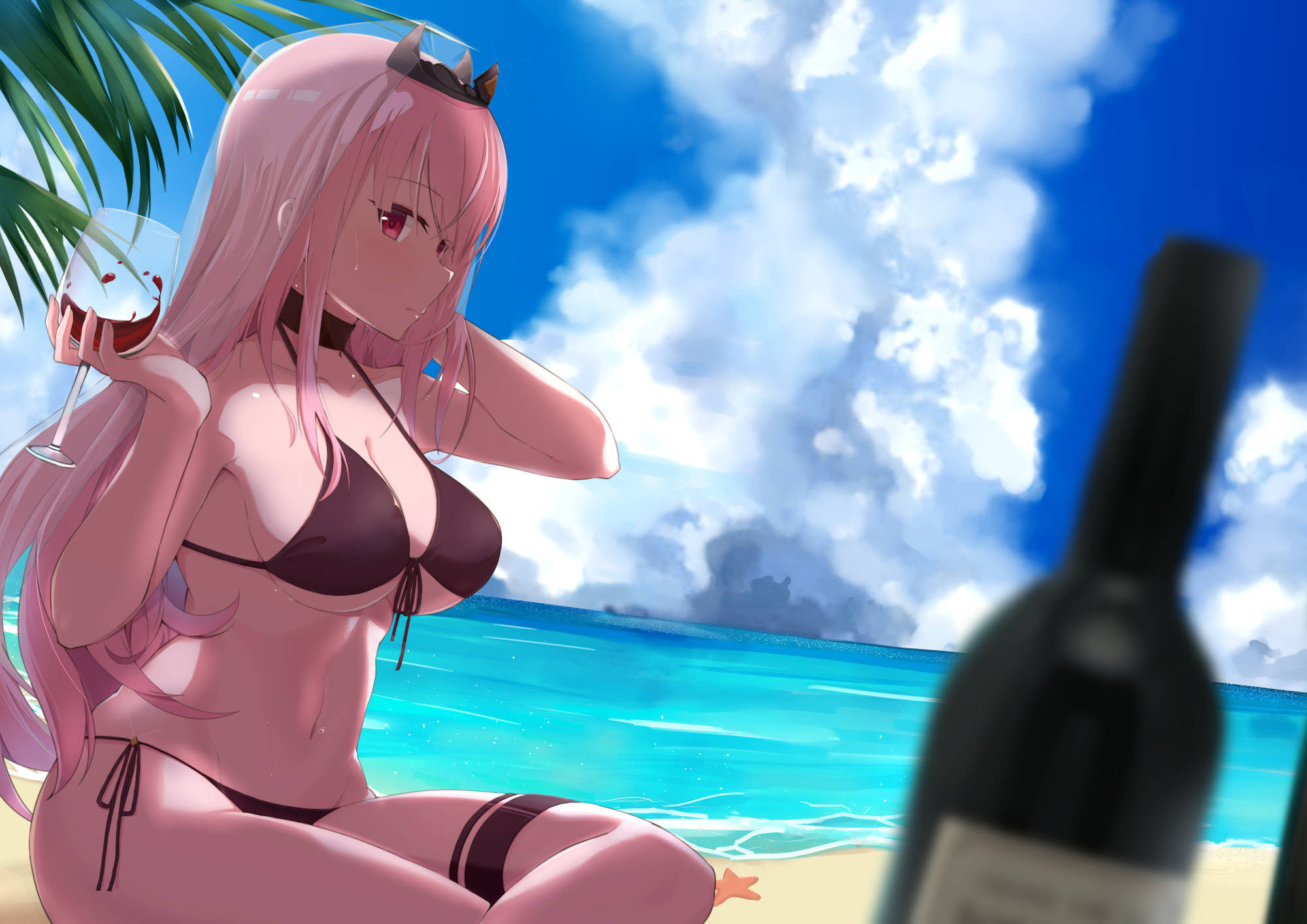 pink-haired anime girl, bikini, sips wine, Full HD Desktop Wallpaper