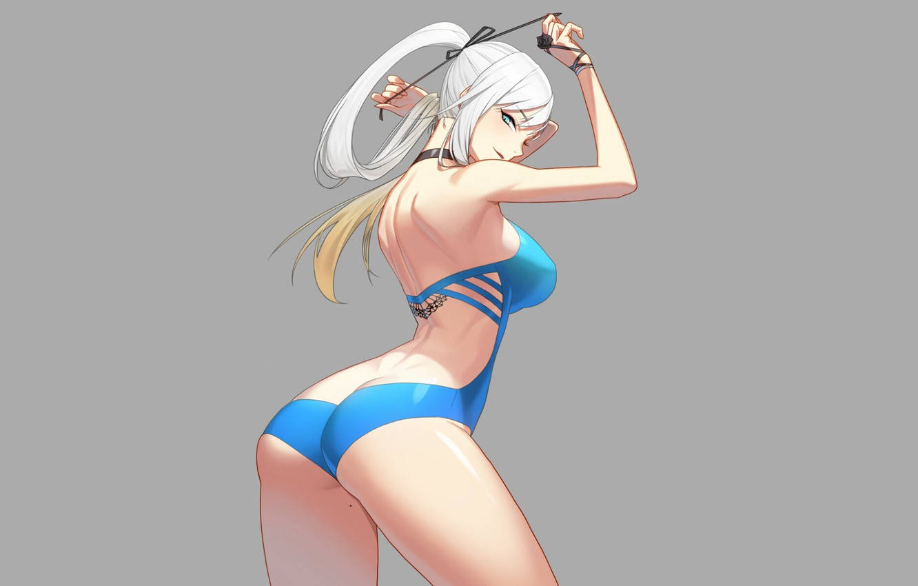 anime, white hair, blue swimsuit, HD Desktop Wallpaper