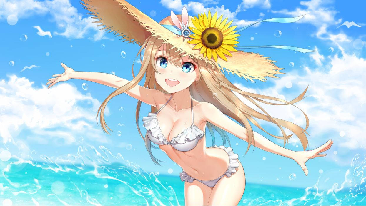 anime girl, sunflower hat, white bikini, SD Desktop Wallpaper