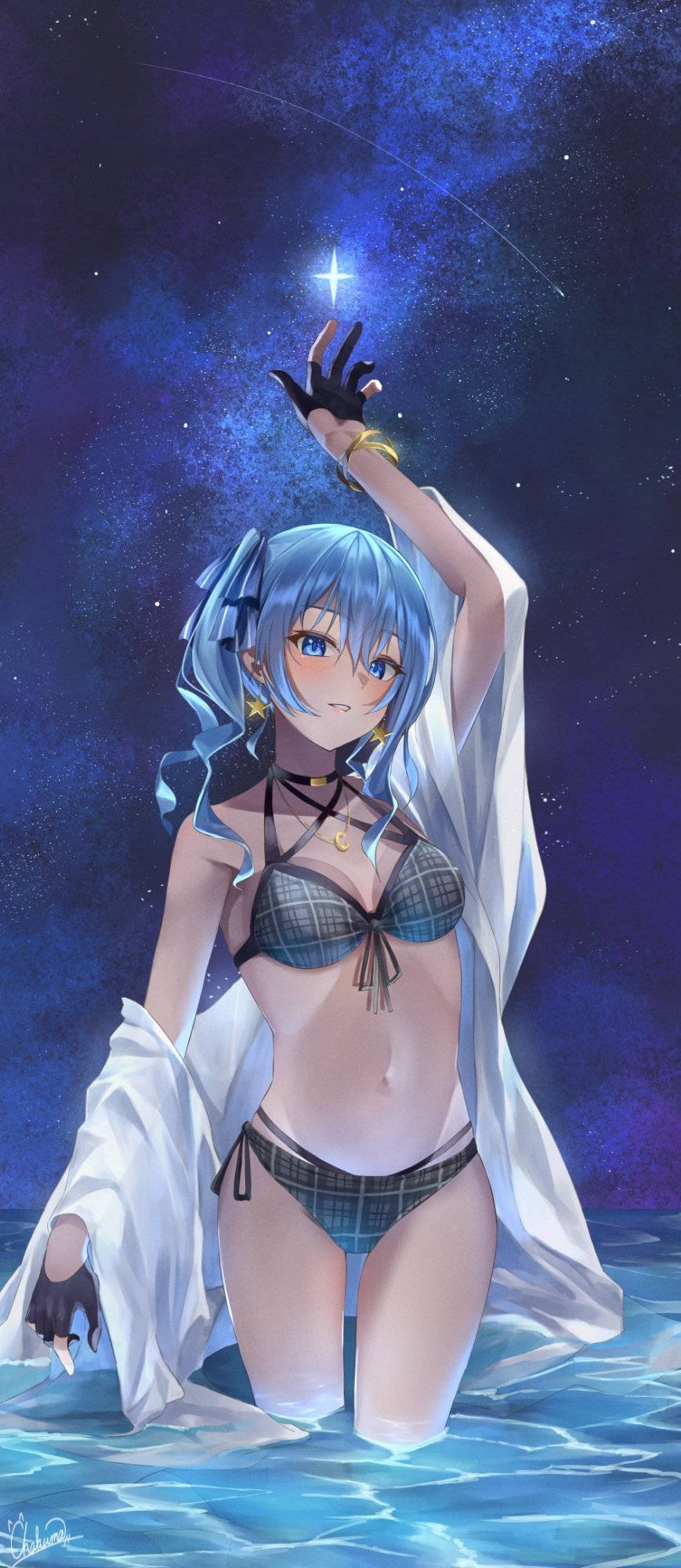 blue-haired anime girl, plaid bikini, glowing star, Full HD Phone Wallpaper
