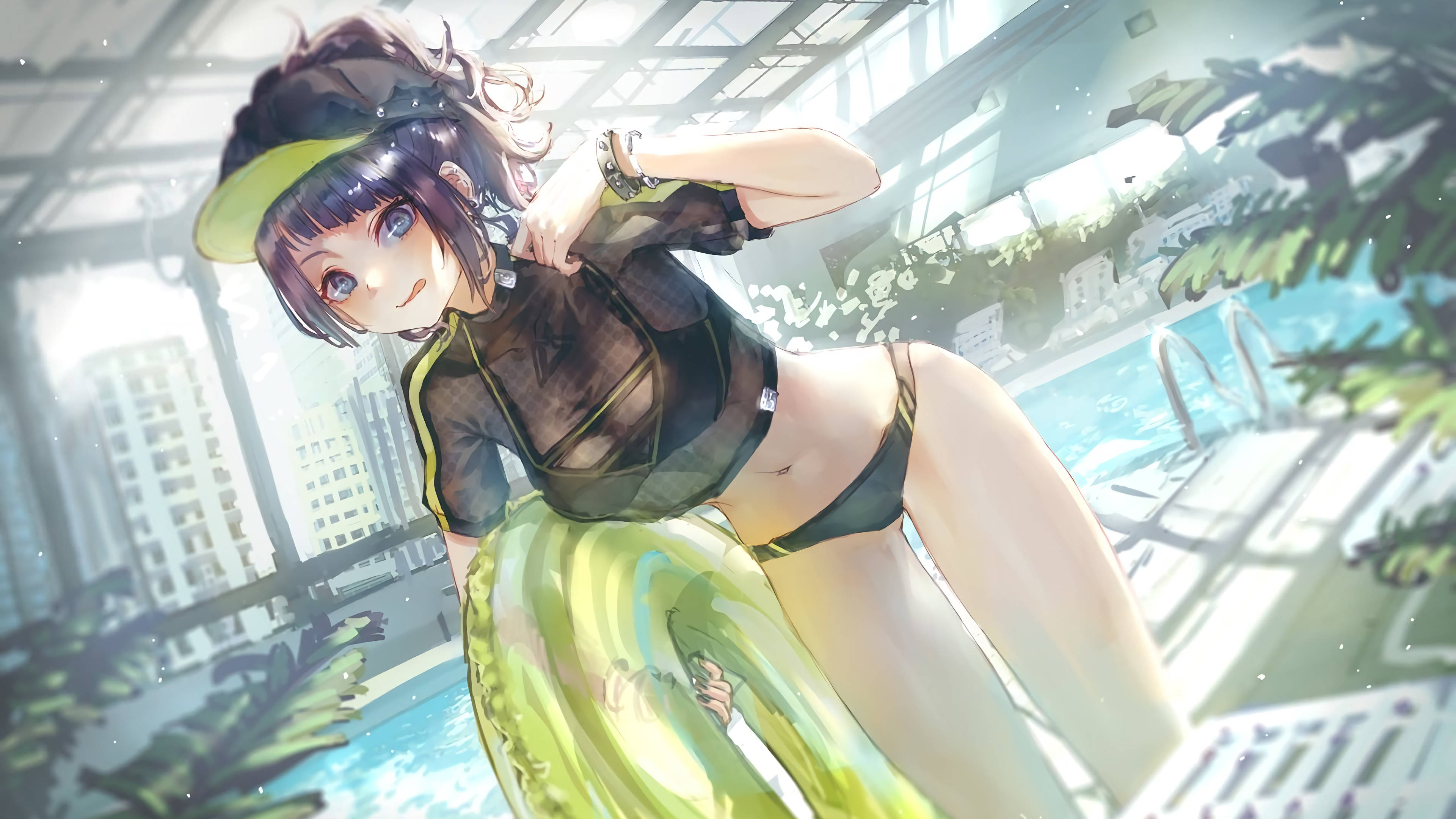 lifeguard girl, black swimsuit, green visor, 4K Desktop Wallpaper