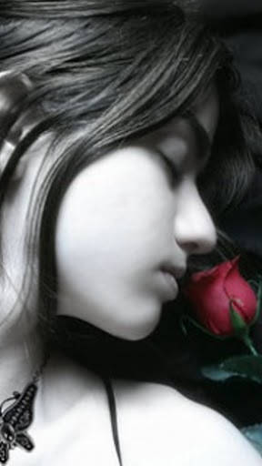 woman, closed eyes, vibrant red rose, SD Phone Wallpaper