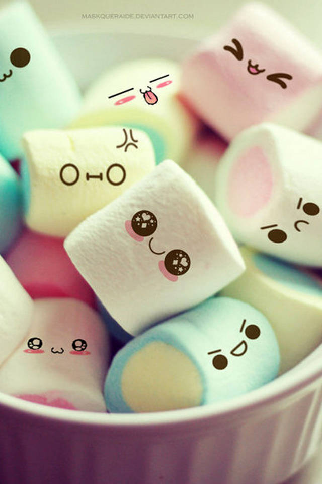cute marshmallows, cartoon faces, pink bowl, SD Phone Wallpaper