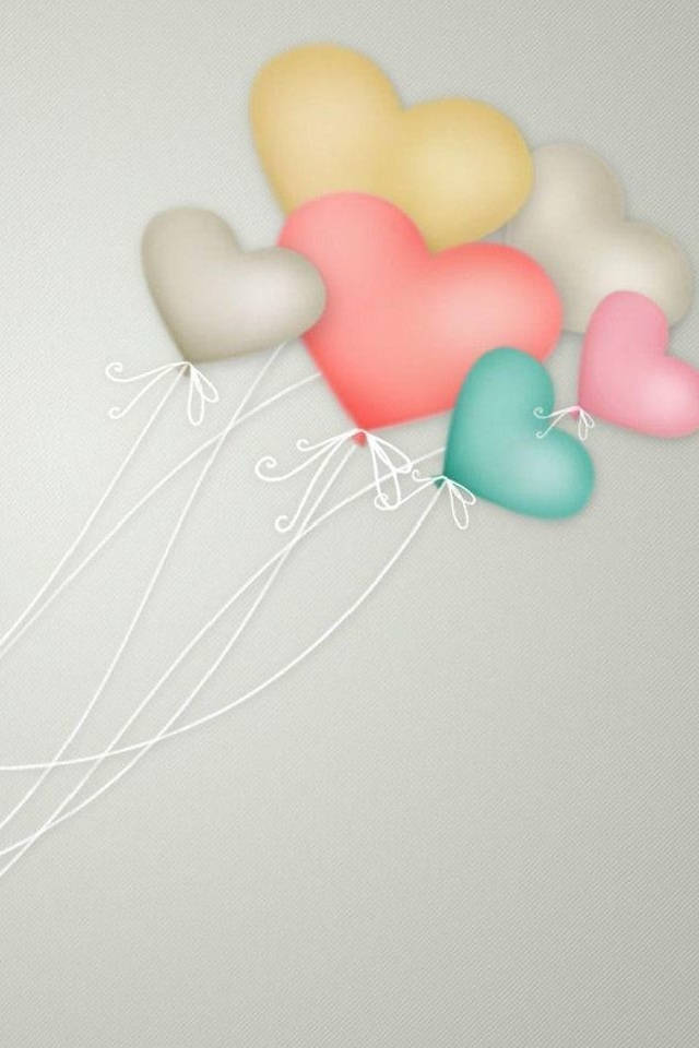pastel heart-shaped balloons, textured gray background, delicate white strings, SD Phone Wallpaper