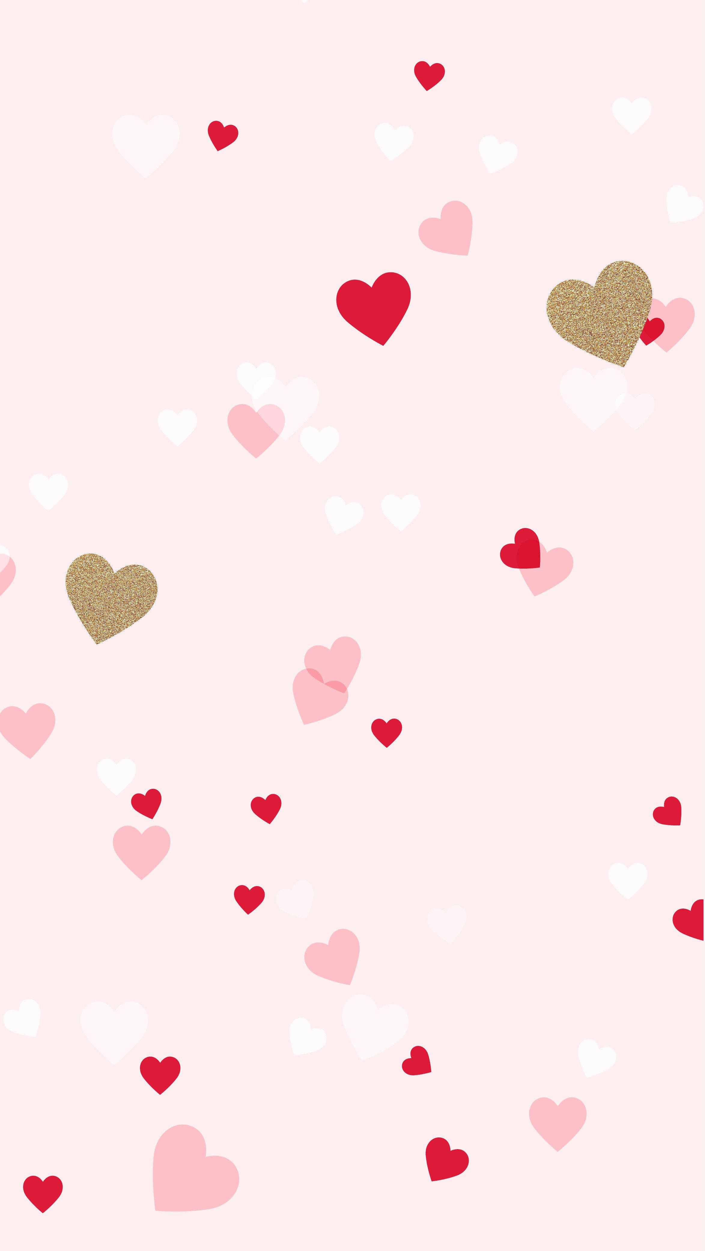 red heart, pink heart, glittery gold hearts, 4K Phone Wallpaper