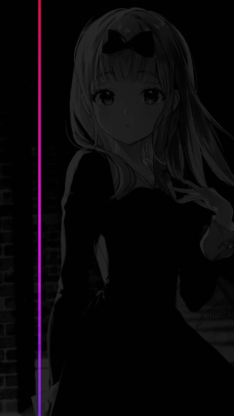 anime girl, bow, glowing pink and purple vertical light strip, HD Phone Wallpaper