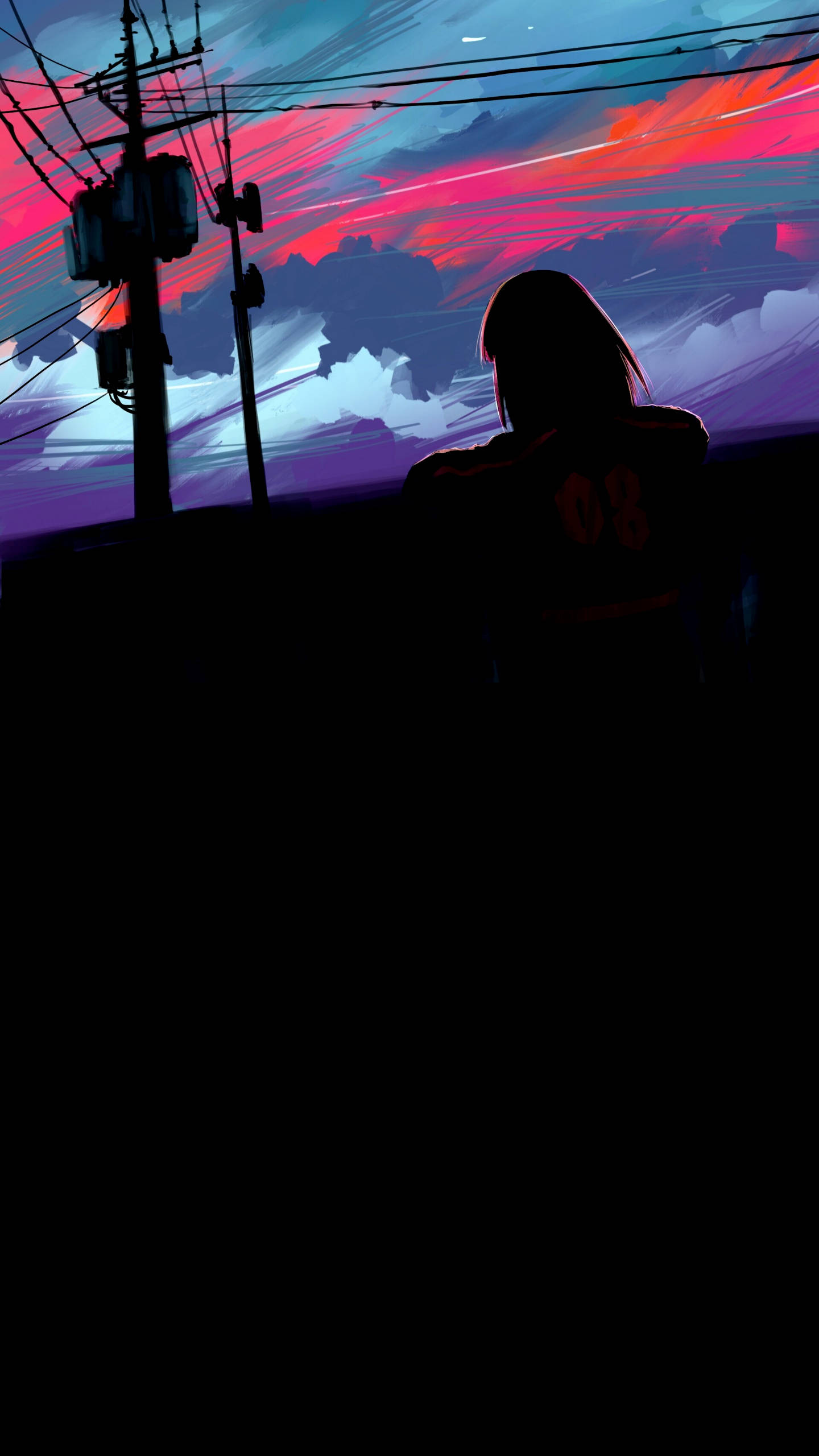 silhouette girl, OLED phone, vibrant sunset, 2K Phone Wallpaper
