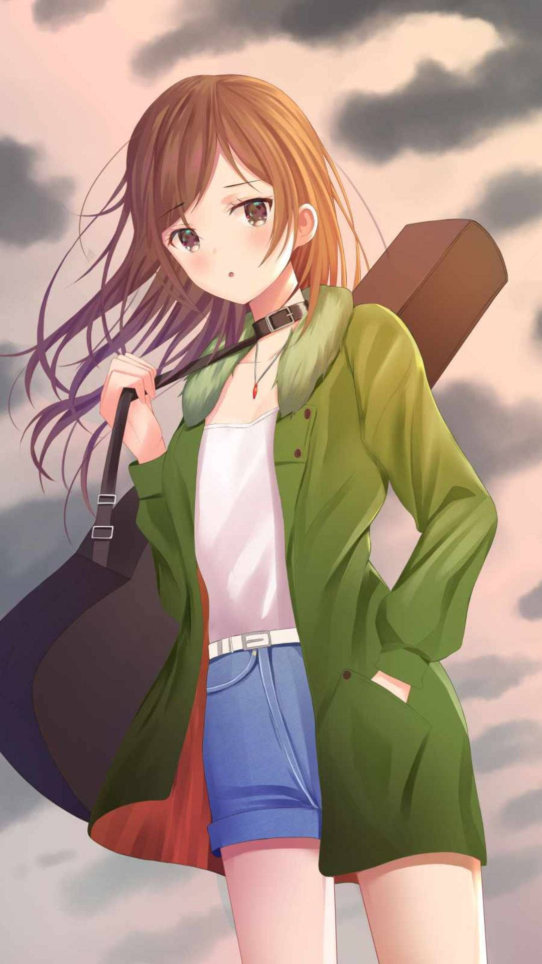 anime girl, brown hair, green jacket, Full HD Phone Wallpaper