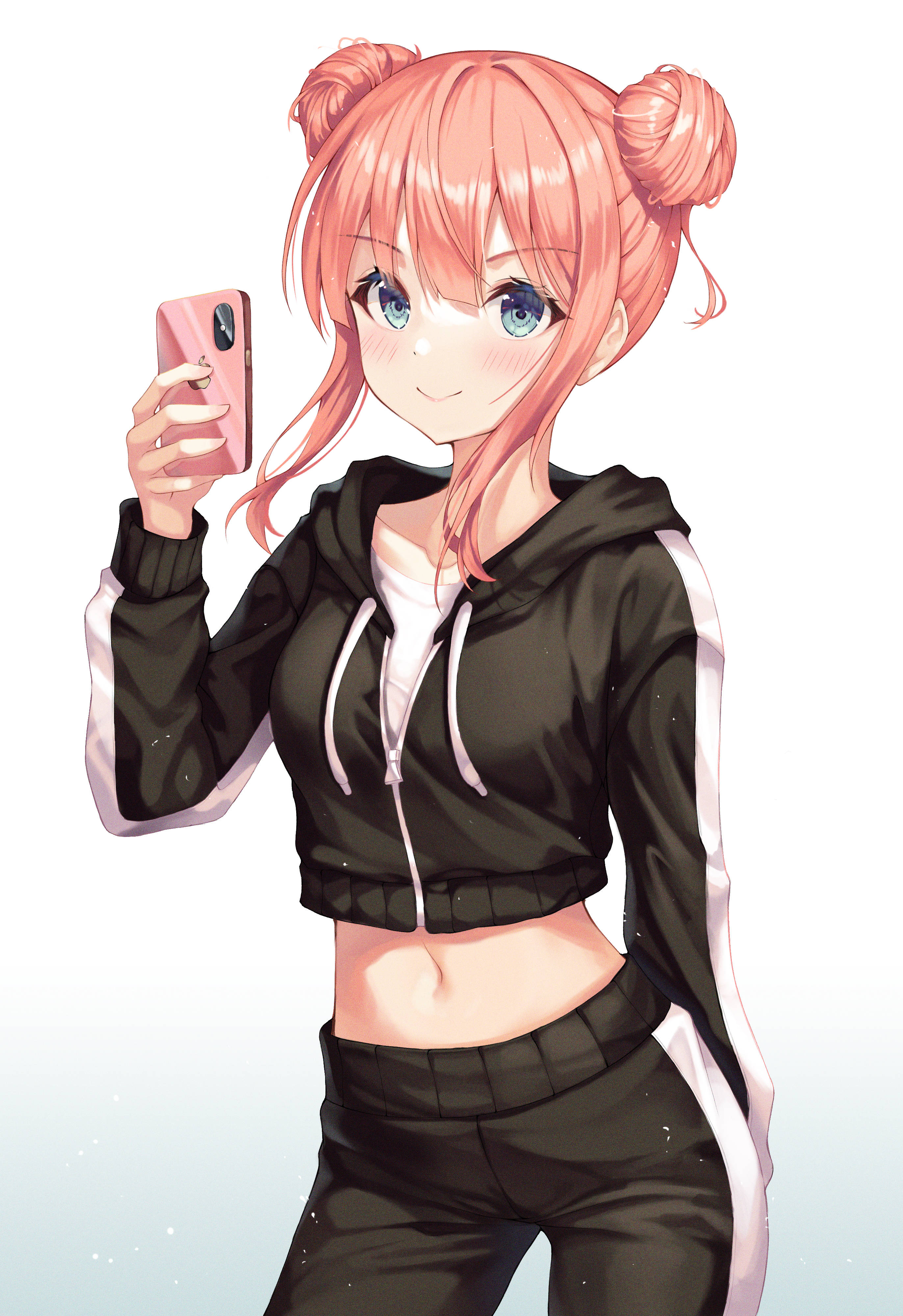 modern girl anime phone, pink hair, twin buns, 4K Phone Wallpaper