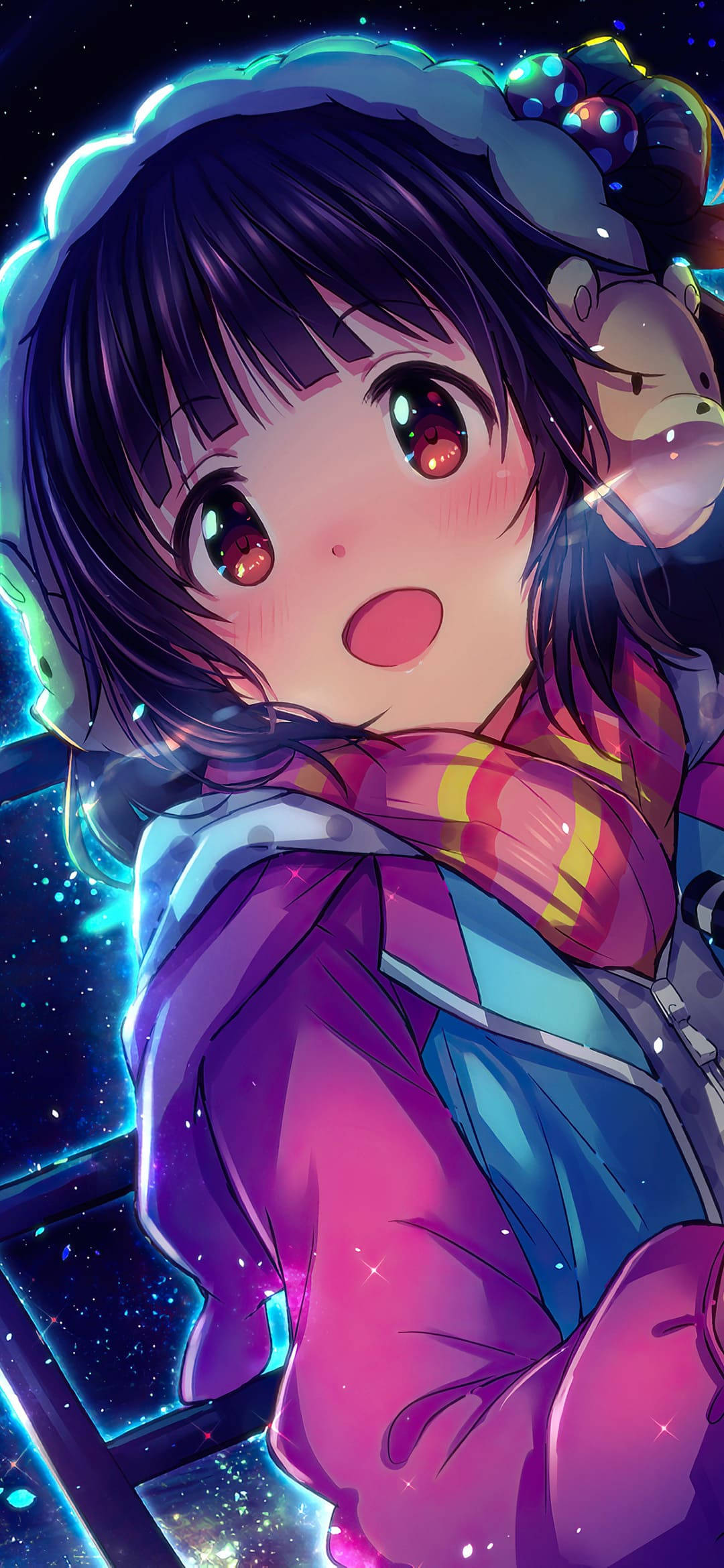 anime girl, purple hair, glowing eyes, Full HD Phone Wallpaper