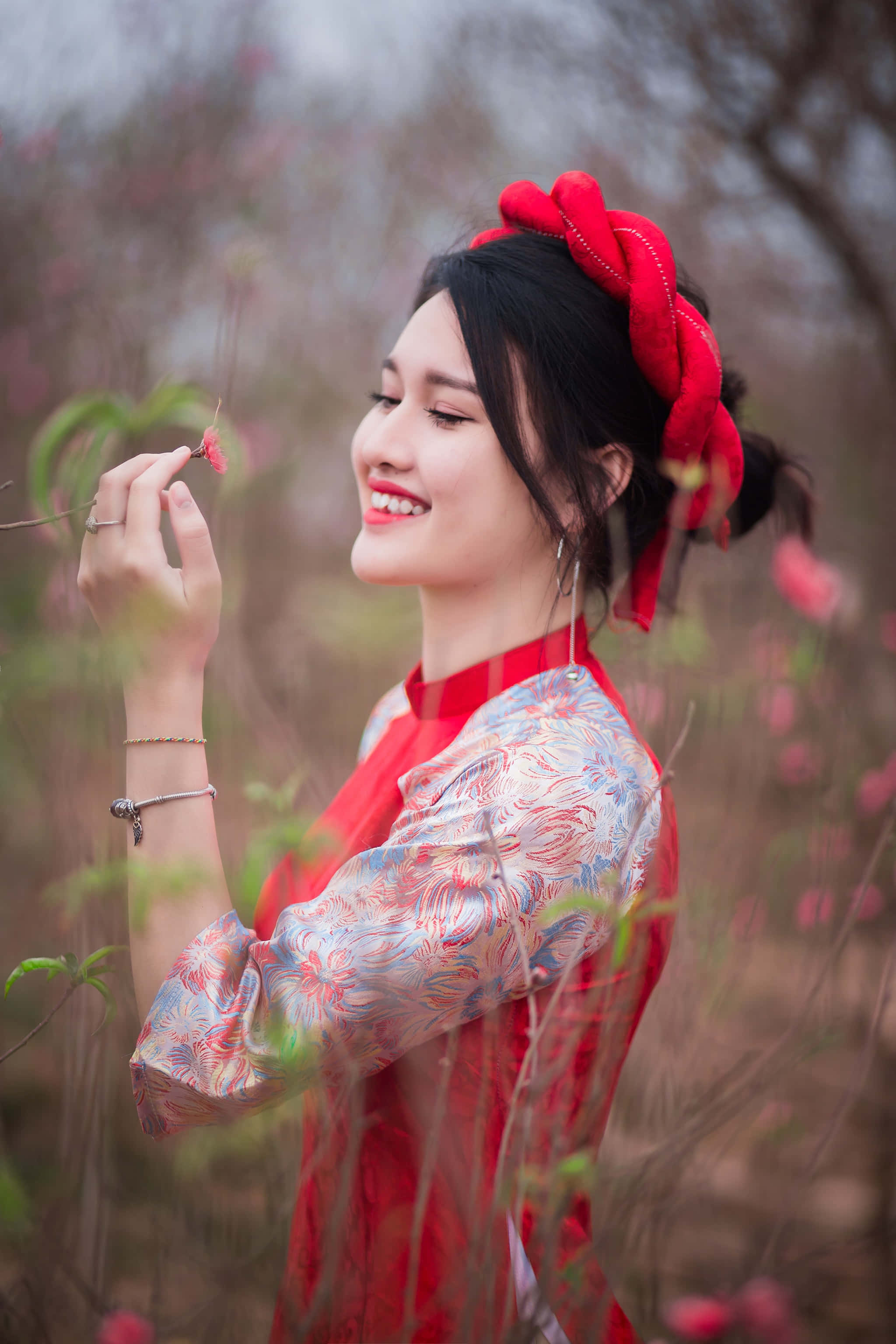 girl posing, red patterned traditional dress, cherry blossom, 2K Phone Wallpaper
