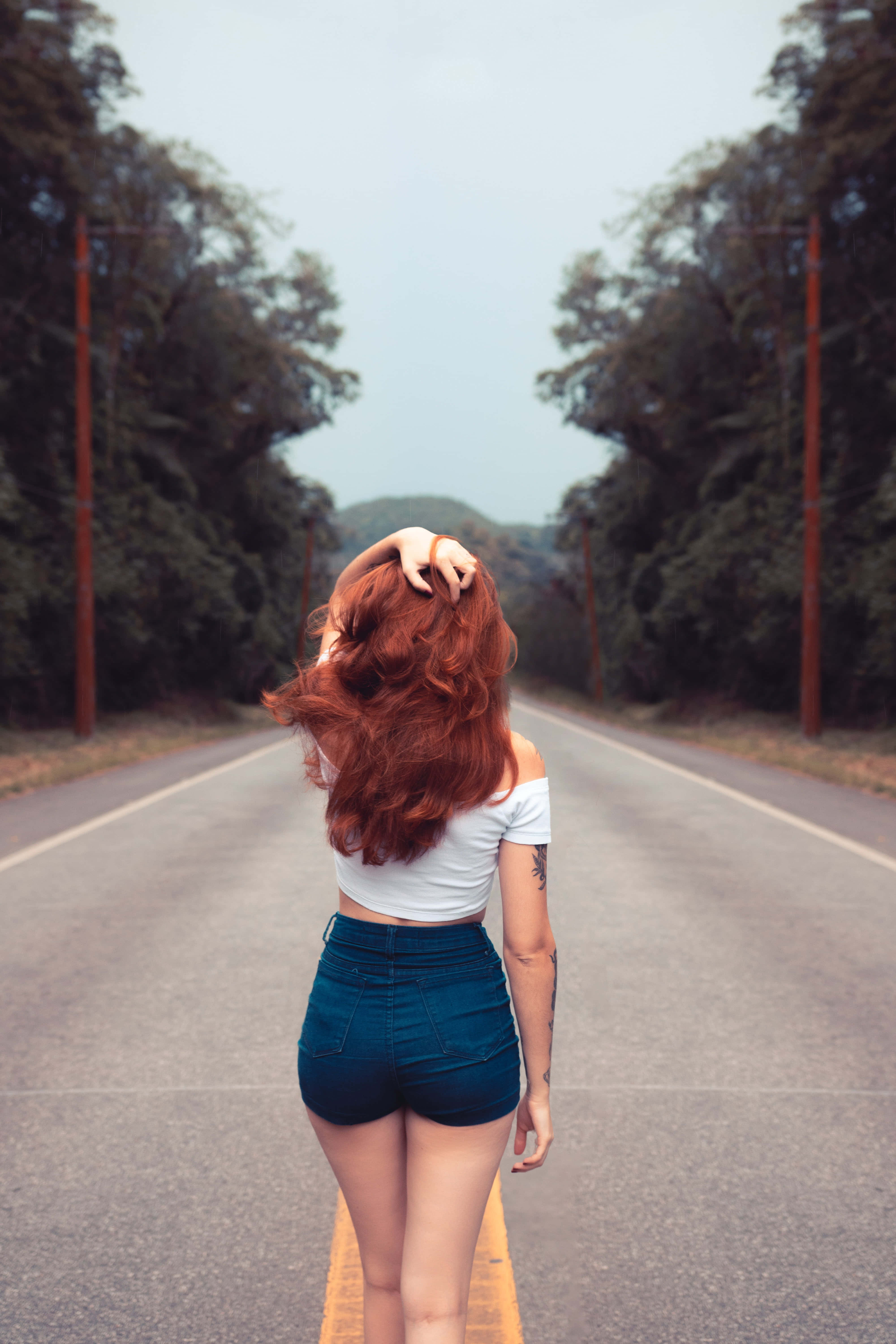 girl posing, middle of road, red hair, 5K Phone Wallpaper