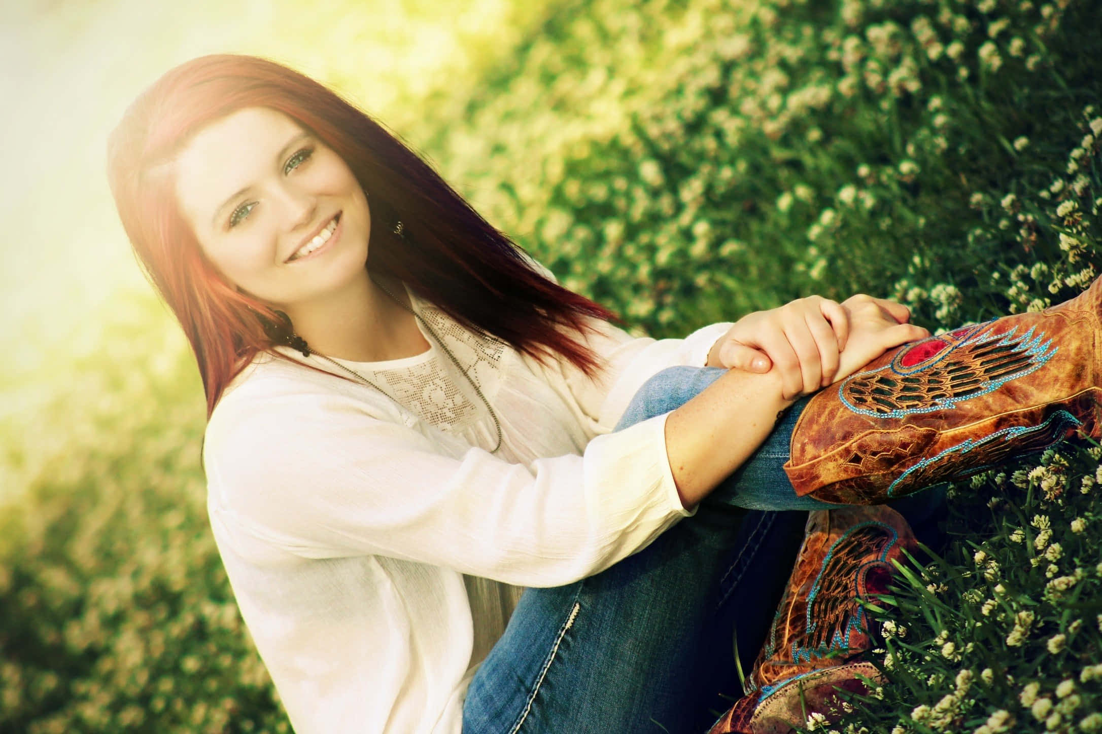 girl posing, red hair, sunlit field, Full HD Desktop Wallpaper