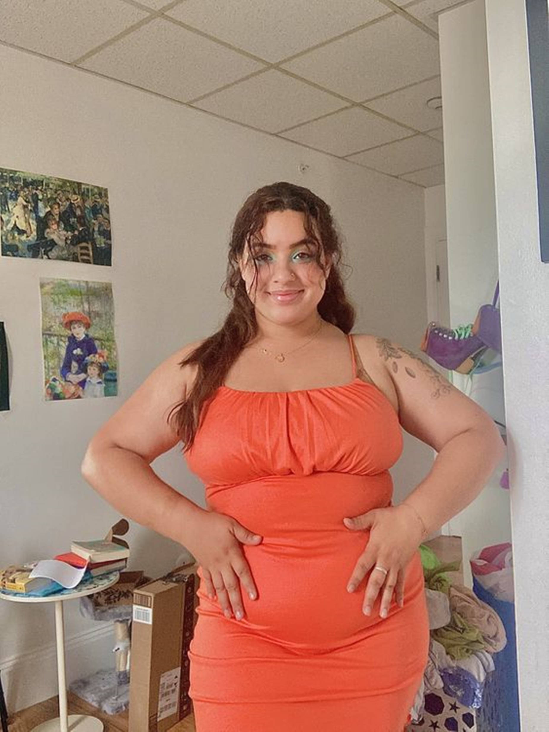 chubby teen, orange dress, vibrant orange dress, Full HD Phone Wallpaper