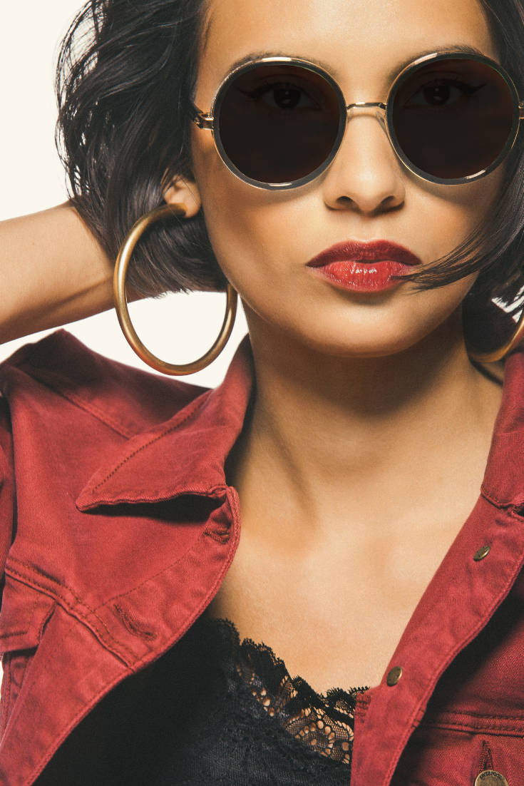 Stylish Latina Girl, dark hair, round sunglasses, SD Phone Wallpaper