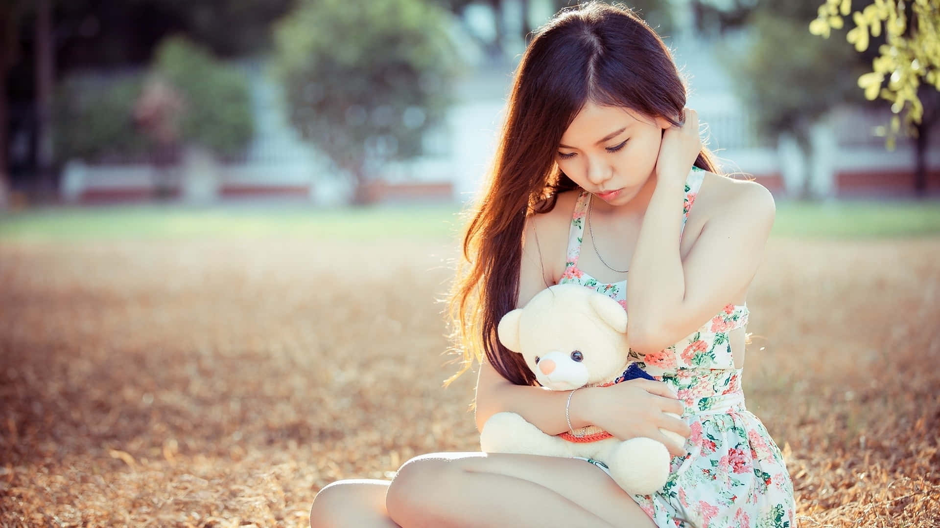 teen girl model, floral dress, white teddy bear, Full HD Desktop Wallpaper