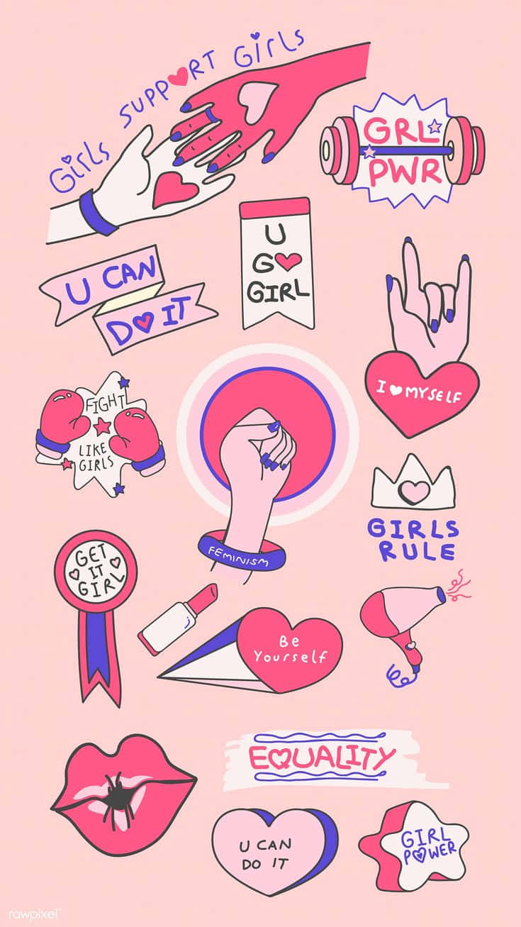 Girl Power, pink background, hand-drawn stickers, HD Phone Wallpaper