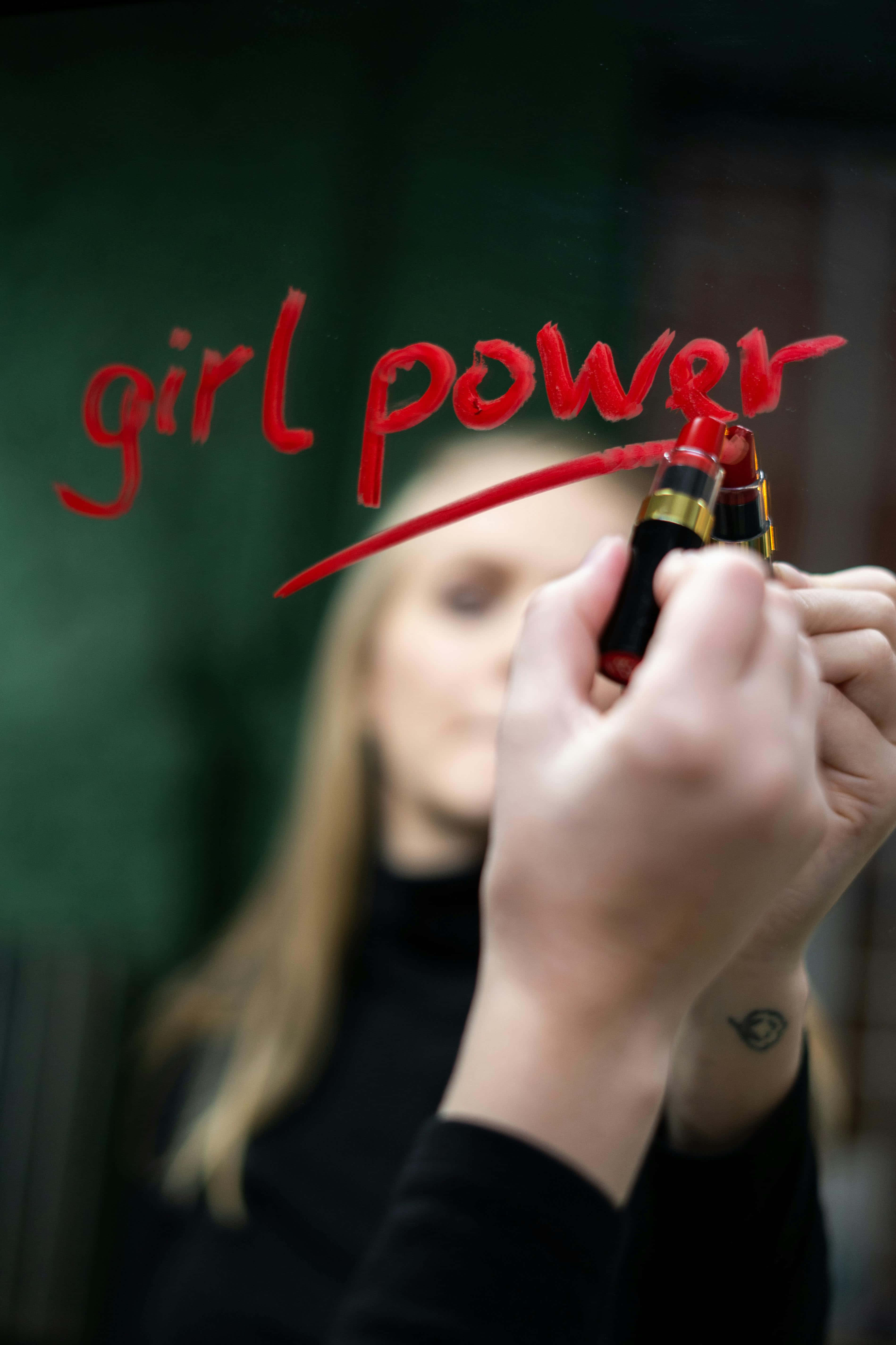girl power, red lipstick, glass surface, 5K Phone Wallpaper
