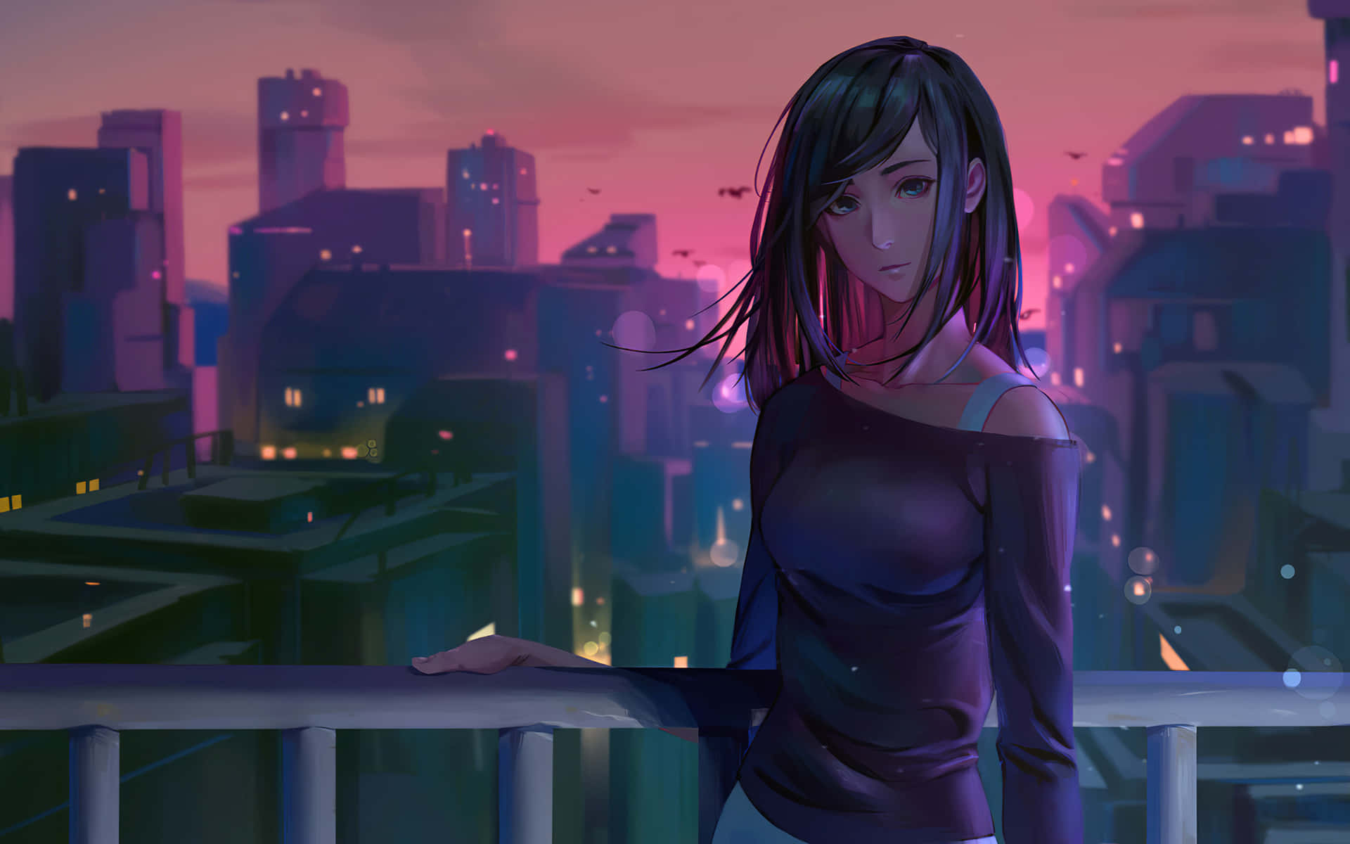 girl profile, rooftop balcony, glowing neon cityscape, Full HD Desktop Wallpaper
