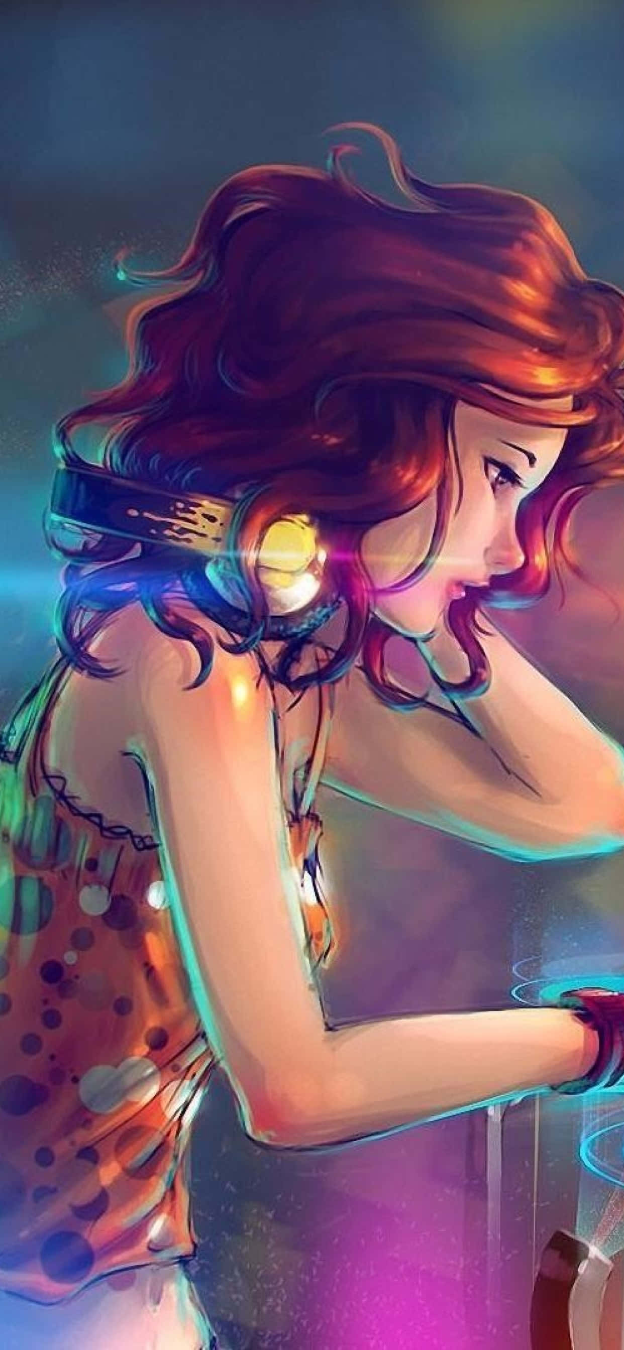 red hair, glowing headphones, neon-lit surface, 2K Phone Wallpaper