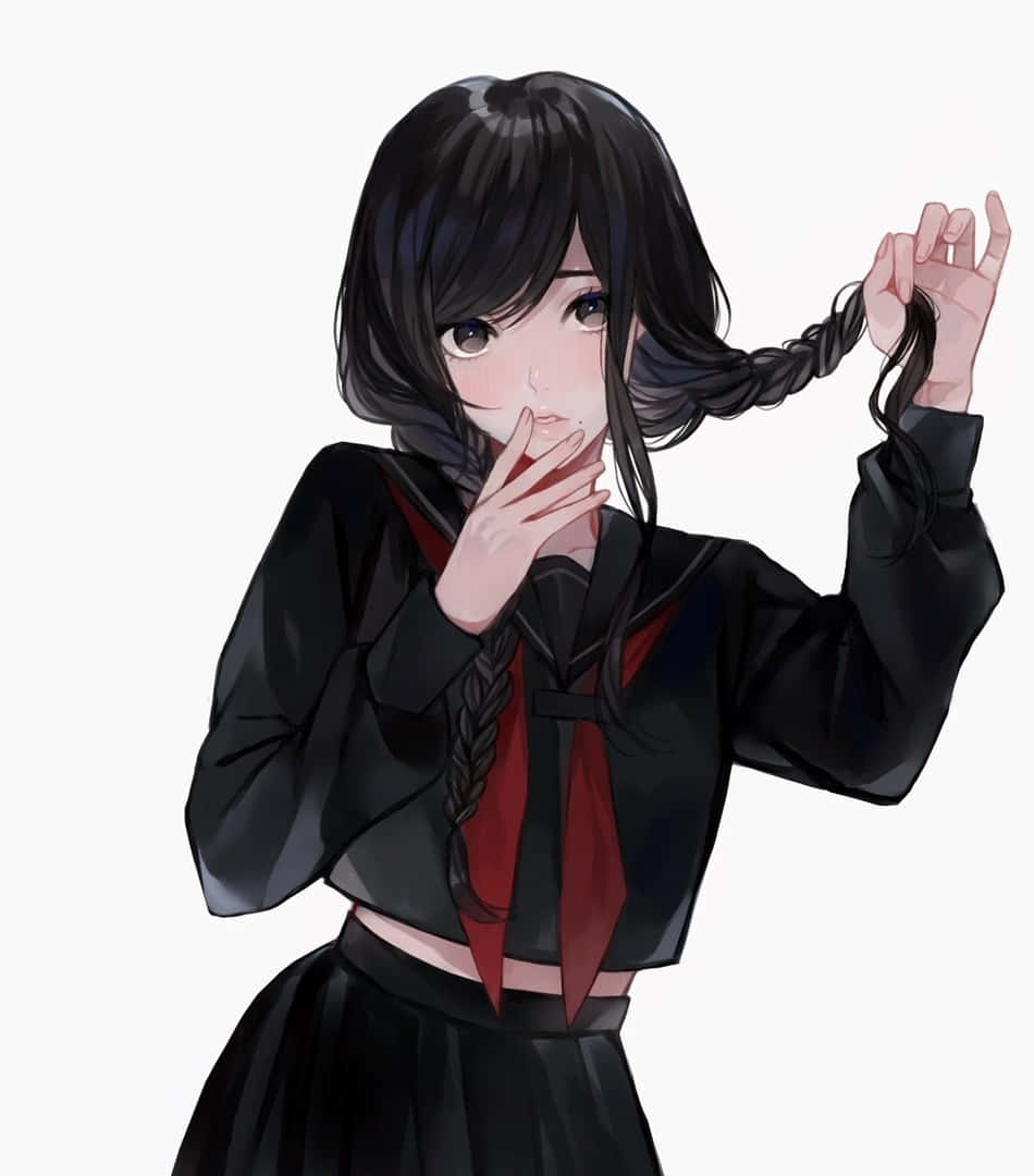 high school girl, black school uniform, red tie, SD Phone Wallpaper