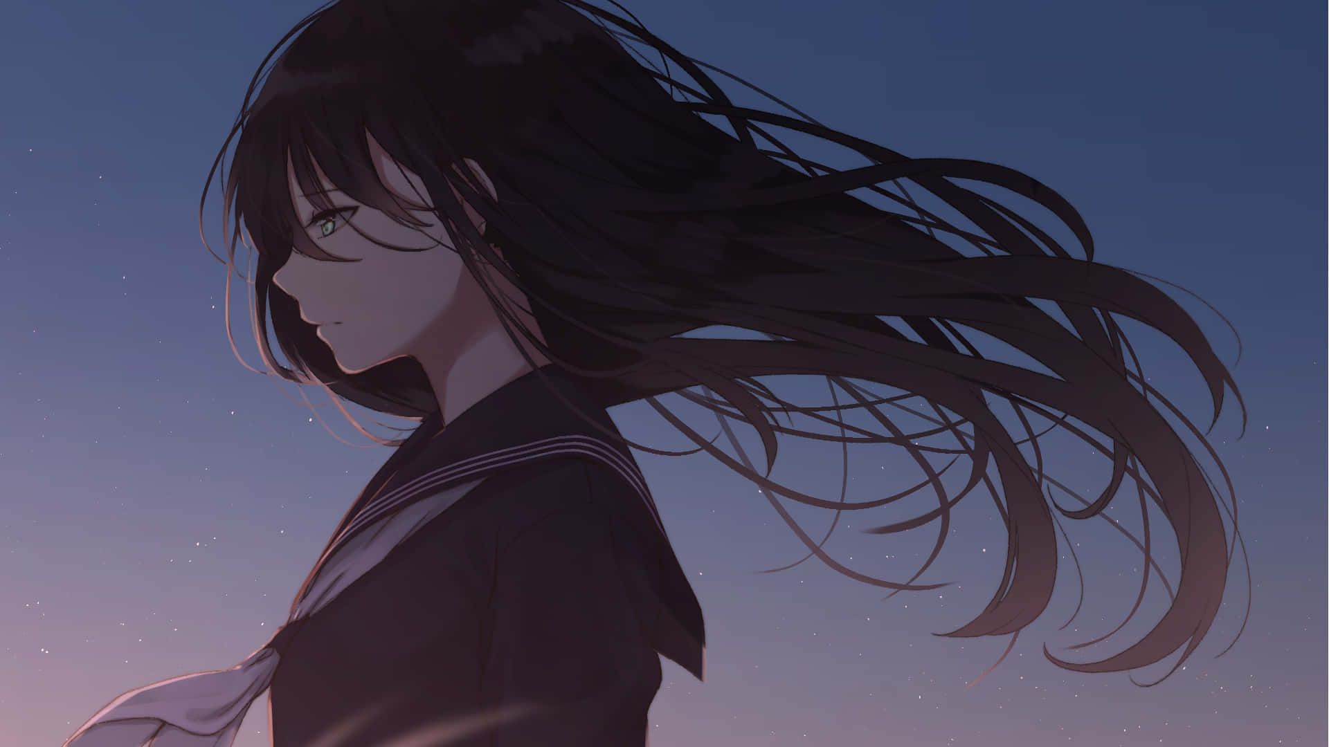 anime school girl, long dark hair, green eyes, Full HD Desktop Wallpaper